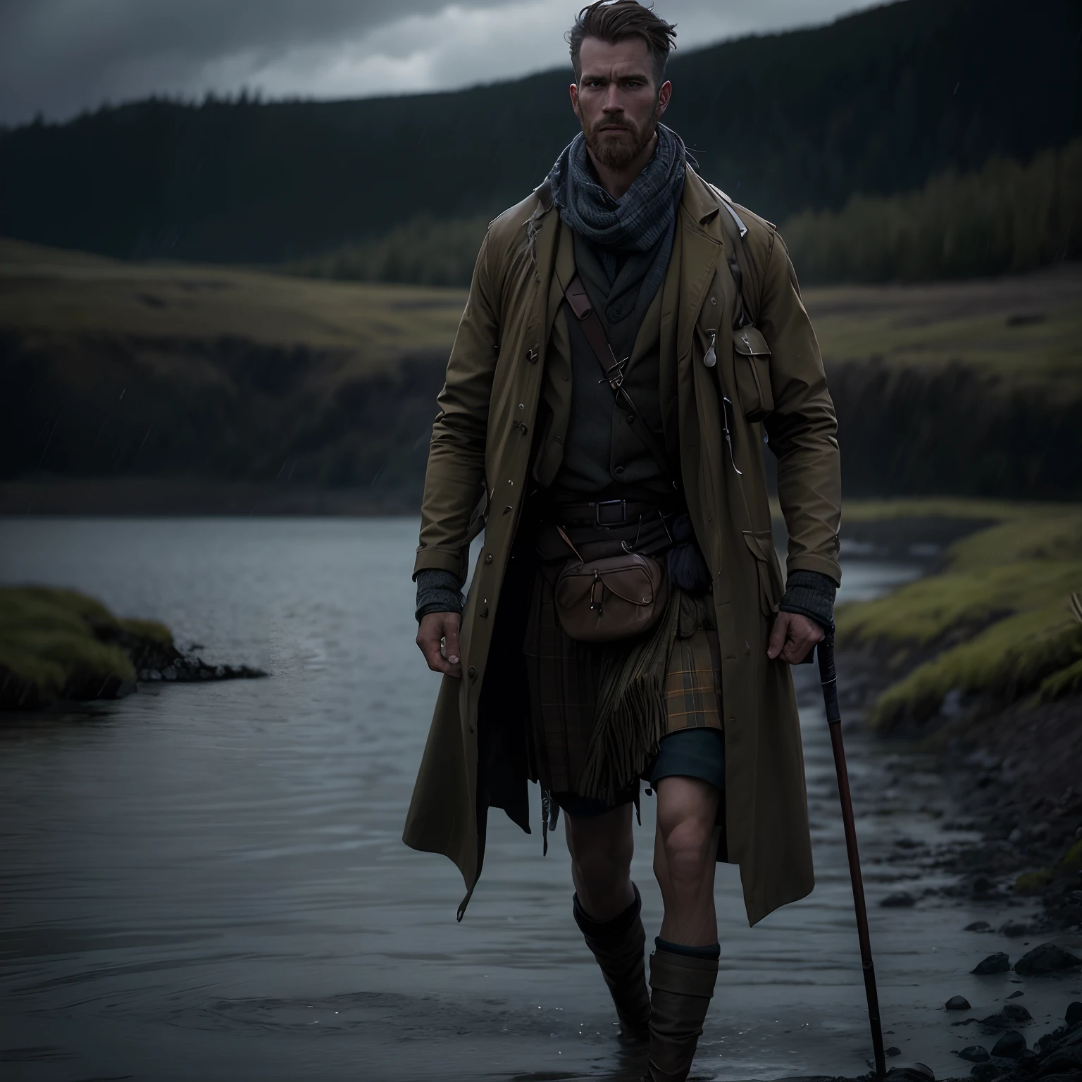 (((walking into a lake away from camera))), on a grey rainy day, tan color outfit, In a Highlander's Shoes a Scots highlander, walks the bogs and mountainsides alone, a Story of Survival, History & Land, (((walking into a lake away from camera))), wearing a tan and khaki plaid kilt, wearing traditional drovers outfit, carrying a staff dark, brown leather backpack, extreme long shot, full body shot, very large lake, walking in shallow shoreline, 24k resolution, impressionism art style, photorealistic, hyperdetailed, stormy clouds, up to his knees in water, no dock, walking away from camera,