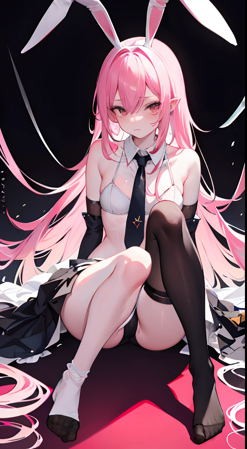 opening legs，Bunny ears，No underwear， the feet，is shy，sitted， Feet，Exposed genitals，clear liquid，Bigchest，transparent panty，soaking wet，A pink-haired，Hold your thighs from behind with your hands，Emotive expressions，Ambiguous，taunt，Succubus，Unoccluded，There is no lower limit，Mesh socks，black lence stockings