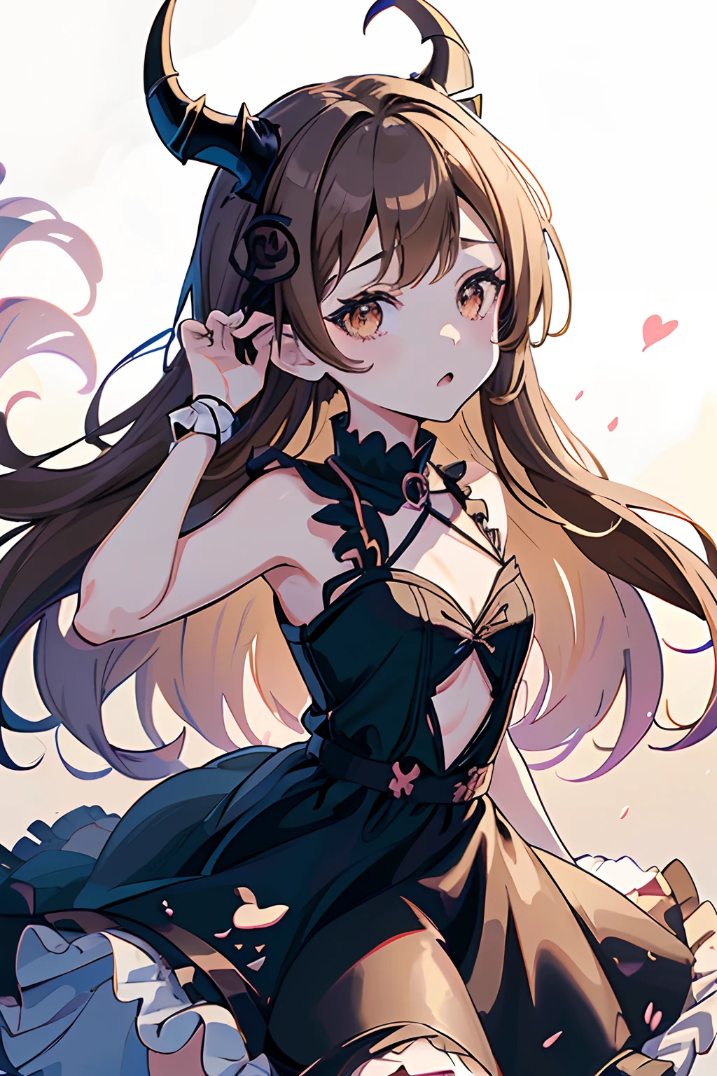 Anime girl with horns and a dress with a skull, ((Light brown hair))(loli in dress, gothic maiden anime girl, cute anime waifu in a nice dress, anime moe art style, Anime girl wearing black dress, nightcore, (Anime girl), style of anime4 K, small curvaceous loli, High quality anime art style, Anime girls, demon anime girl