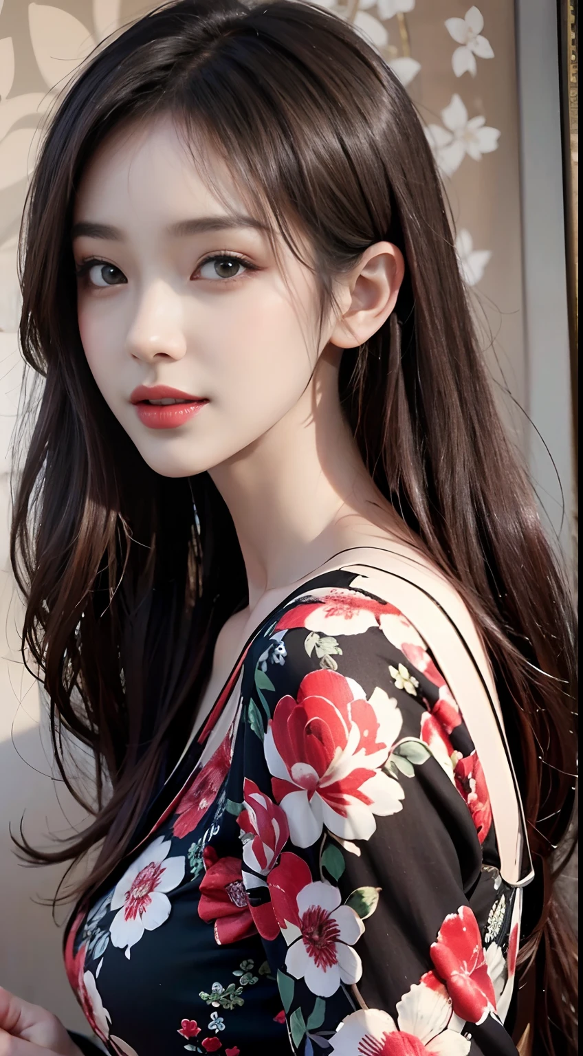 Masterpiece, best picture quality, high quality, beautiful woman, Japanese, popular Korean makeup, detailed, swollen eyes, detailed eyes, detailed skin, beautiful skin, ultra high resolution, (reality: 1.4),very beautiful, slightly younger face, beautiful skin, slender, (ultra realistic), (illustration), (high resolution), (8K), (very detailed) (best illustration), (beautifully detailed eyes), (super detailed), (wallpaper), (detailed face), looking at viewer, fine detail, detailed face, pureerosfaceace_v1, smiling, looking straight ahead, looking straight ahead, angle from waist up, realistic photo, bright lighting, professional lighting, black hair (some green), long hair, dark ruins, big red moon, gorgeous red and black dress, mature woman, long stylish bangs,