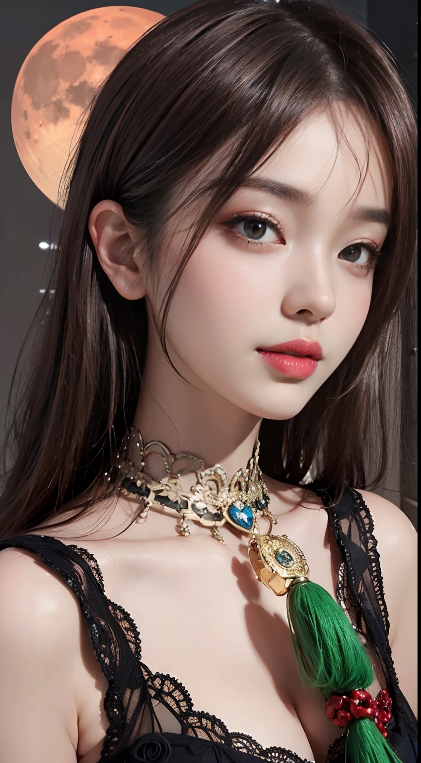 Masterpiece, best picture quality, high quality, beautiful woman, Japanese, popular Korean makeup, detailed, swollen eyes, detailed eyes, detailed skin, beautiful skin, ultra high resolution, (reality: 1.4),very beautiful, slightly younger face, beautiful skin, slender, (ultra realistic), (illustration), (high resolution), (8K), (very detailed) (best illustration), (beautifully detailed eyes), (super detailed), (wallpaper), (detailed face), looking at viewer, fine detail, detailed face, pureerosfaceace_v1, smiling, looking straight ahead, looking straight ahead, angle from waist up, realistic photo, bright lighting, professional lighting, black hair (some green), long hair, dark ruins, big red moon, gorgeous red and black dress, mature woman, long stylish bangs,