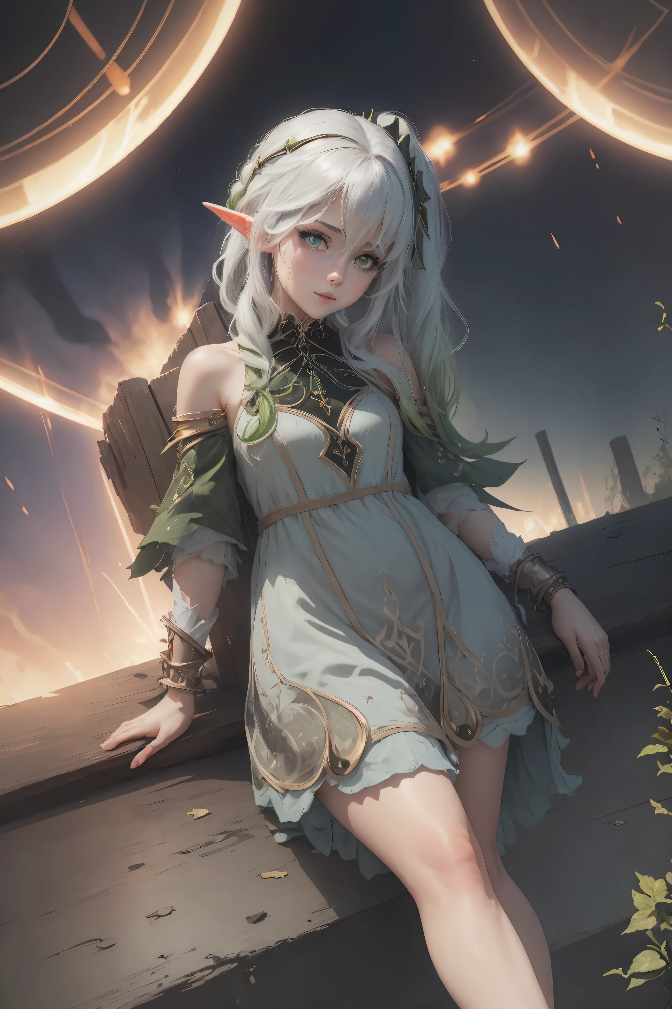 Adult girl standing and looking at the camera, pixie, elf ears, Beautiful elven ears, The girl is dressed in a Gothic dress, Long Dress, floor-length dress, pony tail, High-quality beautiful eyes, beatiful face, High Quality Face, dark sky, Thin, Wet waist, Slender figure, Appearance of the model, confusion, sexuality, Cute beautiful anime woman, detailed digital anime art, beautiful anime girl, beautiful anime girl, Anime with small details, Best Quality, Masterpiece, Ultra-detailed, Beautiful, hight resolution, Original,CG 8K ультрареалистичный, perfect artwork, beatiful face, Face Clean, Skin, hyper realistic, Ultra Detailed, A detailed eye, dramatic lighting, (Realistic) Realistic, Full HD, Best Quality, Best Quality, Beautiful lighting, (8k wallpaper of extremely detailed CG unit), High Details, sharp-focus, The art of dramatic and photorealistic painting, beautiful smile,