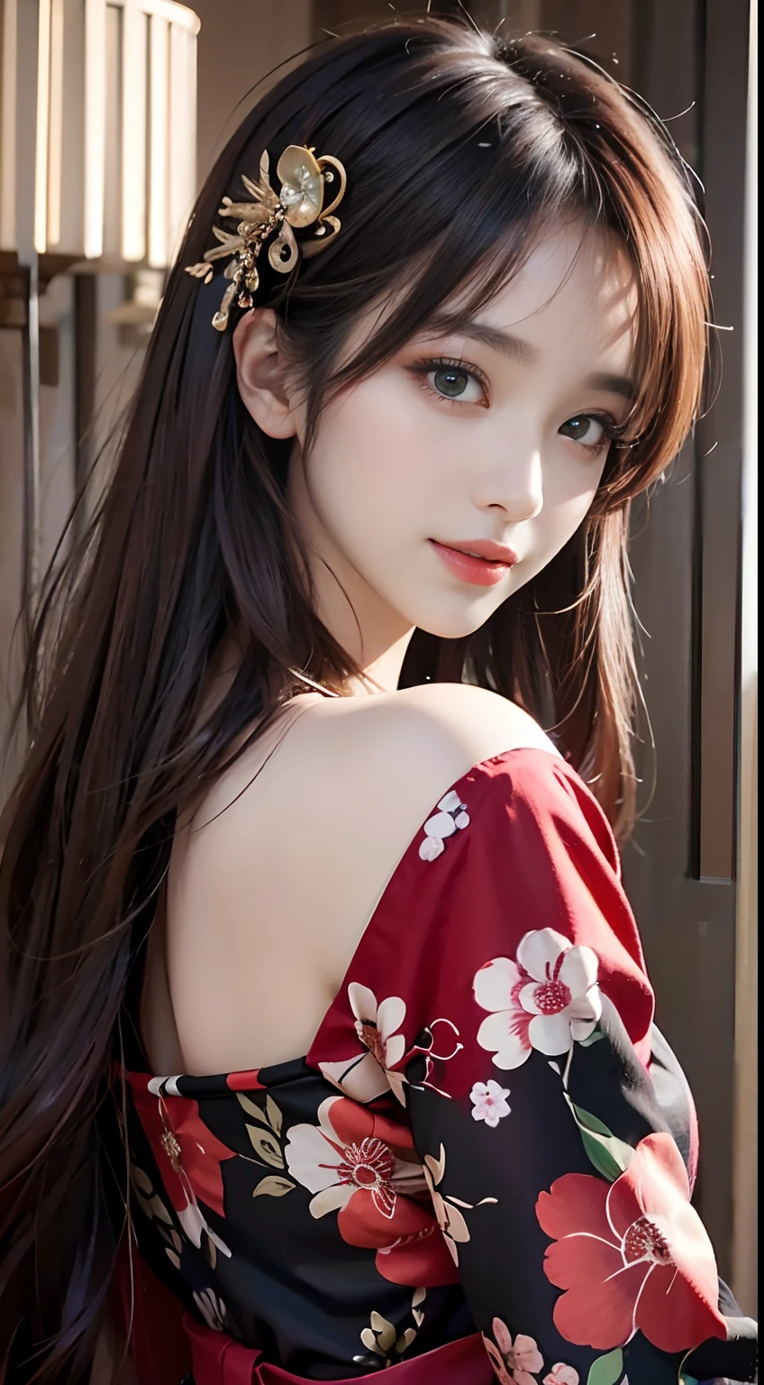 Masterpiece, best picture quality, high quality, beautiful woman, Japanese, popular Korean makeup, detailed, swollen eyes, detailed eyes, detailed skin, beautiful skin, ultra high resolution, (reality: 1.4),very beautiful, slightly younger face, beautiful skin, slender, (ultra realistic), (illustration), (high resolution), (8K), (very detailed) (best illustration), (beautifully detailed eyes), (super detailed), (wallpaper), (detailed face), looking at viewer, fine detail, detailed face, pureerosfaceace_v1, smiling, looking straight ahead, looking straight ahead, angle from waist up, realistic photo, bright lighting, professional lighting, black hair (some green), long hair, dark ruins, big red moon, gorgeous red and black dress, mature woman, long stylish bangs,