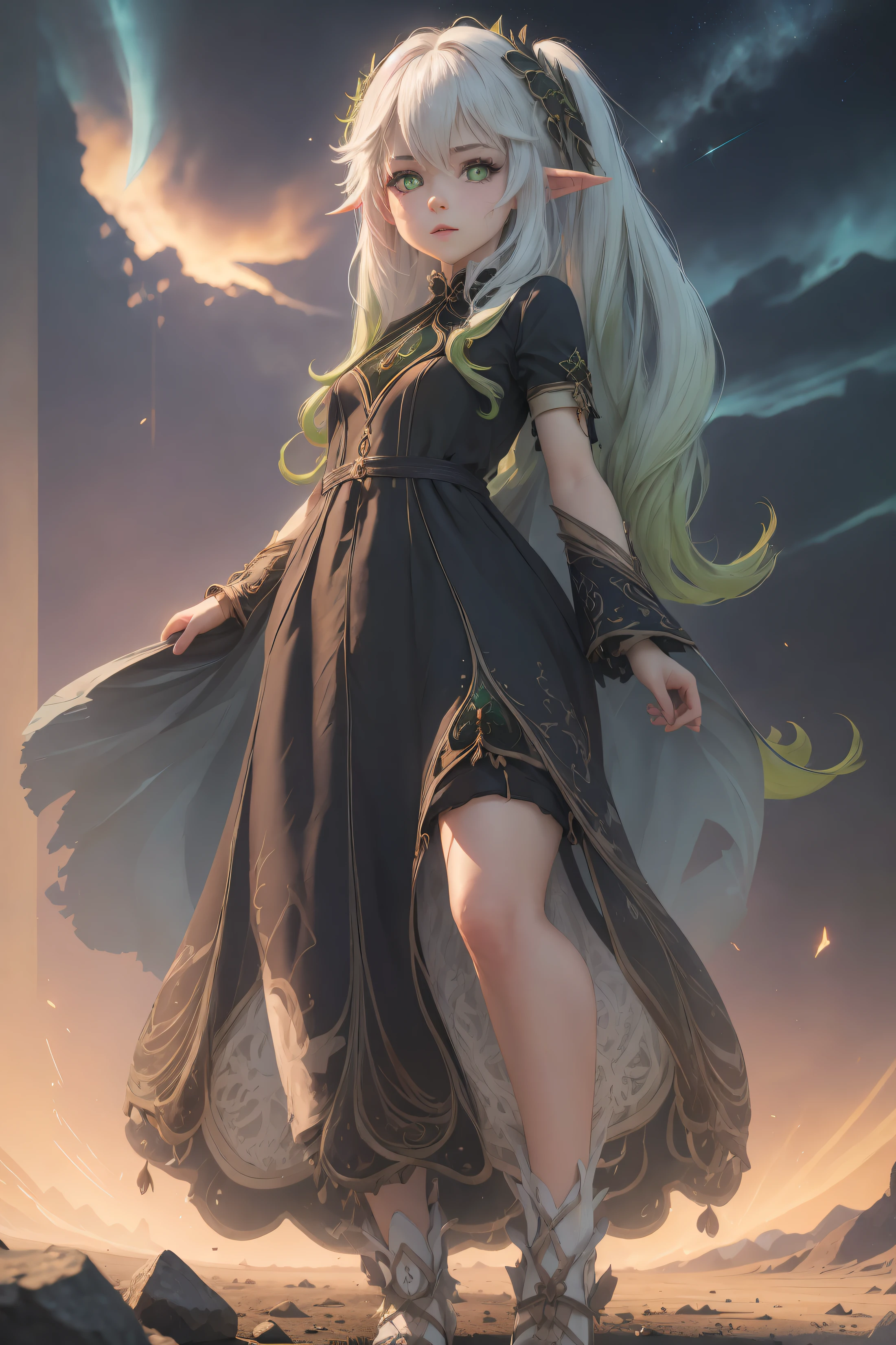 Adult girl standing and looking at the camera, pixie, elf ears, Beautiful elven ears, The girl is dressed in a Gothic dress, Long Dress, floor-length dress, pony tail, High-quality beautiful eyes, beatiful face, High Quality Face, dark sky, Thin, Wet waist, Slender figure, Appearance of the model, confusion, sexuality, Cute beautiful anime woman, detailed digital anime art, beautiful anime girl, beautiful anime girl, Anime with small details, Best Quality, Masterpiece, Ultra-detailed, Beautiful, hight resolution, Original,CG 8K ультрареалистичный, perfect artwork, beatiful face, Face Clean, Skin, hyper realistic, Ultra Detailed, A detailed eye, dramatic lighting, (Realistic) Realistic, Full HD, Best Quality, Best Quality, Beautiful lighting, (8k wallpaper of extremely detailed CG unit), High Details, sharp-focus, The art of dramatic and photorealistic painting, beautiful smile,