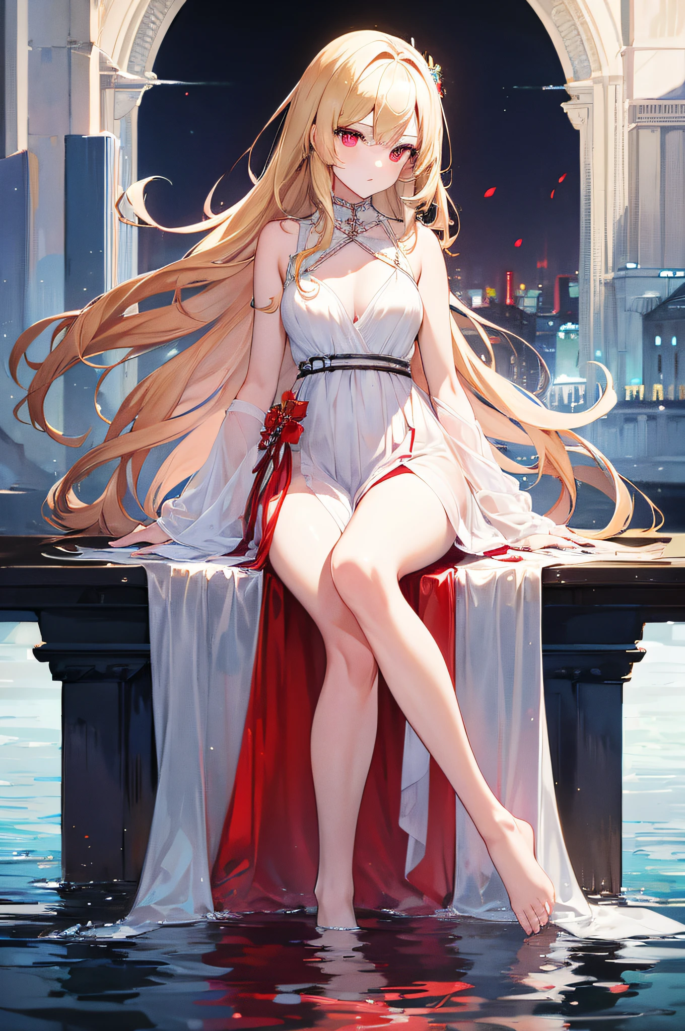 best quality, 4k, ultra-detailed, realistic, Portraits, HDR, vivid, female, 1 girl full body, Colors,(detailed face) Long-haired girl, light blonde hair, straight ankle-length hair, fair skin, long red eyes, girl wearing a transparent white dress that reaches her ankles, bare feet, small breasts, a blood moon scene in the background with water below.