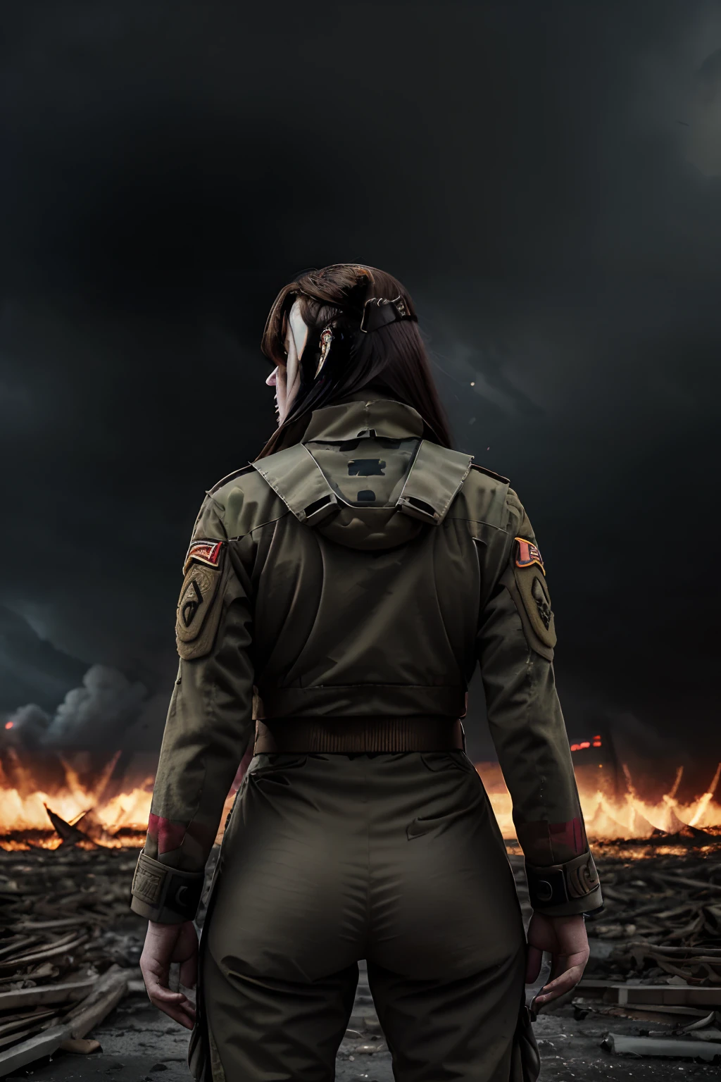 A portrait of a lone sad female soldier named (AngelaWhite) in the debris of a destroyed village in the war, (army uniform:1.4), (hands behind the back) , stormy sky in the background, (burning debris) , nikon d850 film photograph, rich colors hyper realistic lifelike texture dramatic lighting, (wearing full army uniform : 1.4)
