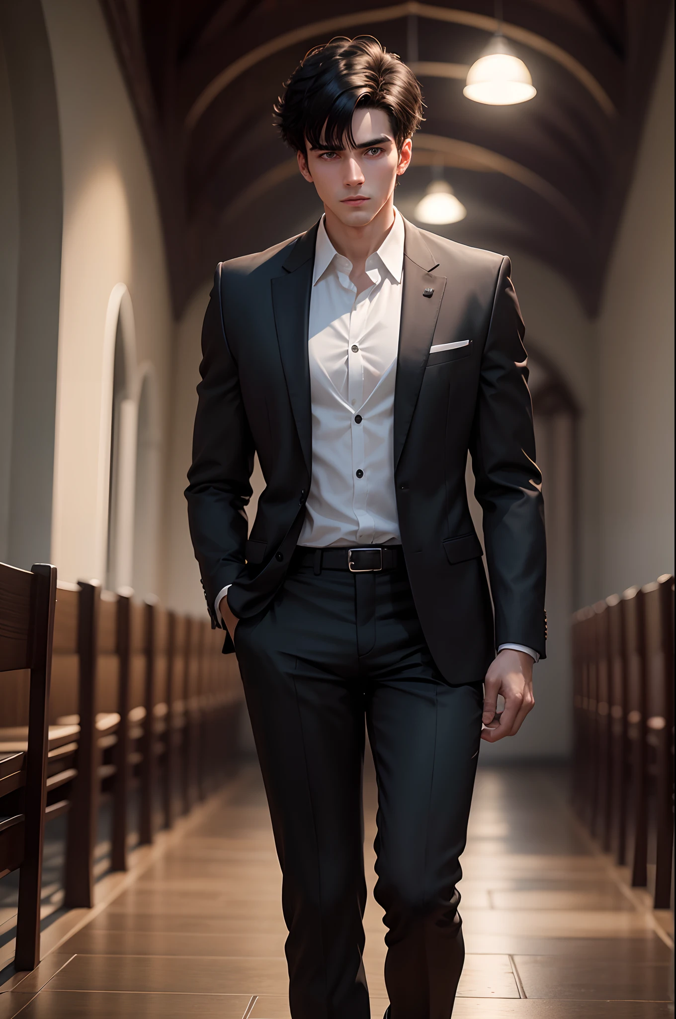 8K realistic image of a 25 year old man, short black hair, dressed in a black blazer and a white blouse underneath, expression of insanity, walking down the aisle of an evangelical church, night scene