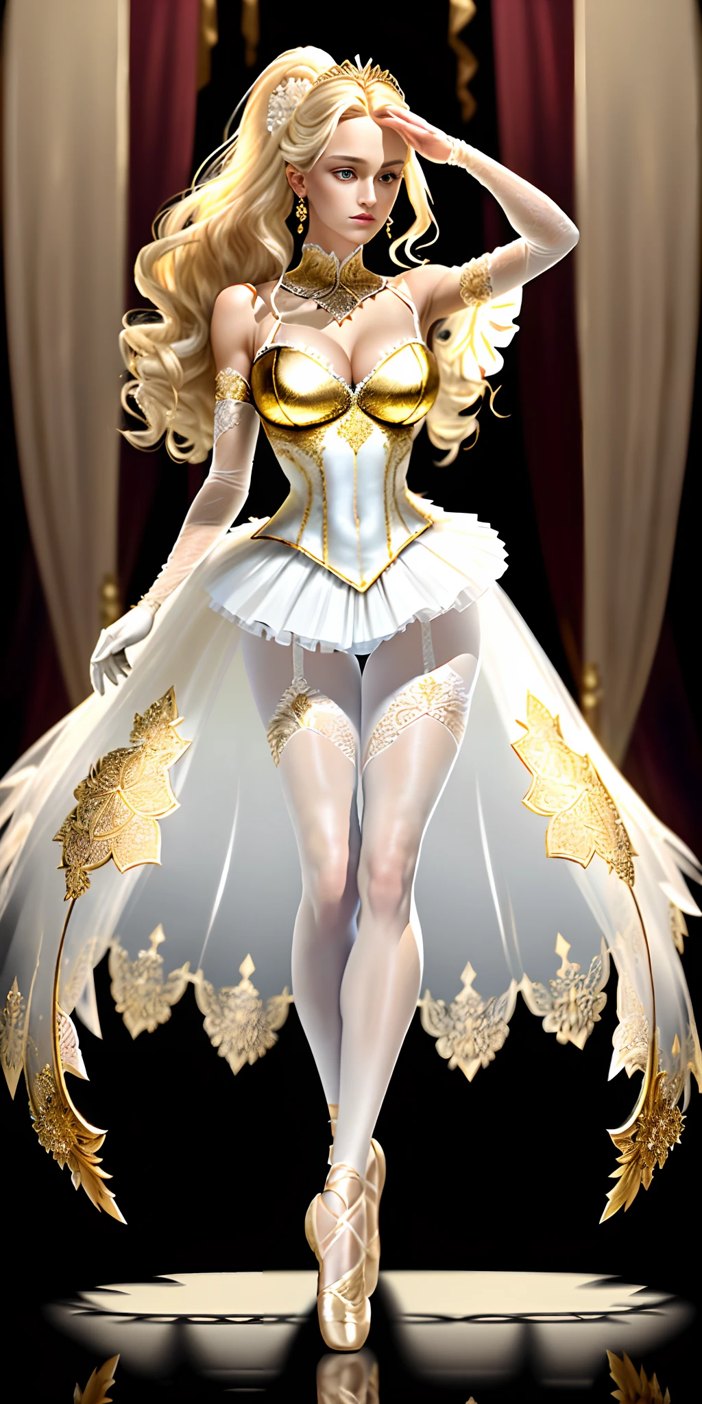 (Masterpiece), Best quality, Highest quality, Detailed and intricate, Original,A high resolution,(((Full body appearance))),Full body photo,extremely detailed goddess shot
\\
One guy,no other people,(30 age old),Extremely detailed_Eyes, As a fairy tale ballet dancer in dance costumes,Sexy,Female ballerina,Beautiful female ballerina,Elegant and experienced ballerina,Sexy female ballerina, Woman in white tutu,Jaw-dropping beauty,Gorgeous woman,Mature female,Royal Sister
(eyes liner:0.5),(Blush:0.5),Blonde hair,Long hair that falls over the shoulder,Loose hair,curlies,Gold headdress on the forehead,Princess Crown,Simple Diamond Earrings,Gold bracelet on the arm,Detailed skin, Light smile,expressioness,Seductive expressions,Provocative expressions,Seductive expression
\\
Woman in white tutu,Blonde woman in white ballet costume,Uniform of a female ballerina,(glamour body),(a mature female) Super beauty (lifelike face),(Breasts), (gigantic cleavage breasts)(Bigboobs, Deep cleavage, Sexy navel, Large breasts and deep cleavage),Pink bra,(lace-trimmed bra,Lace bra),Erotic lingerie,Ballet kimono ,Feather embellishment gives the skirt a special touch.,(Gold floral skirt,Lace pattern tutu,Ballet costumes:1.2),draped clothes,Long legs, Bare legs,Sexy legs, stocklings,White panty hose,Transparent pantyhose,(Gorgeous lace pattern,White pantyhose:1.1),high-heels,(Pink shoes,Pink high heels),mitts,long-sleeved gloves,Silk gloves,Tight gloves,(Tight gloves,Silk gloves,White gloves,Long-sleeved transparent gloves,see-through gloves,Gorgeous lace pattern,Intricate lace edges),White tutu,(white skirt,short transparent dress,White ballet,transparent pubic hair, white skirt)
Meticulous clothing,Dynamic pose((standing on your feet,spread their legs)),Erotic photo shooting,Perfect anatomy,((matching hairstyle, Match faces, matching outfits))
\\
Background with: (Under the sunset,Ballet stage,Empty stage:1.3), Divine atmosphere,Ambiguous atmosphere,
\\
(Depth of field:1.1),Loli:0.1,Reali