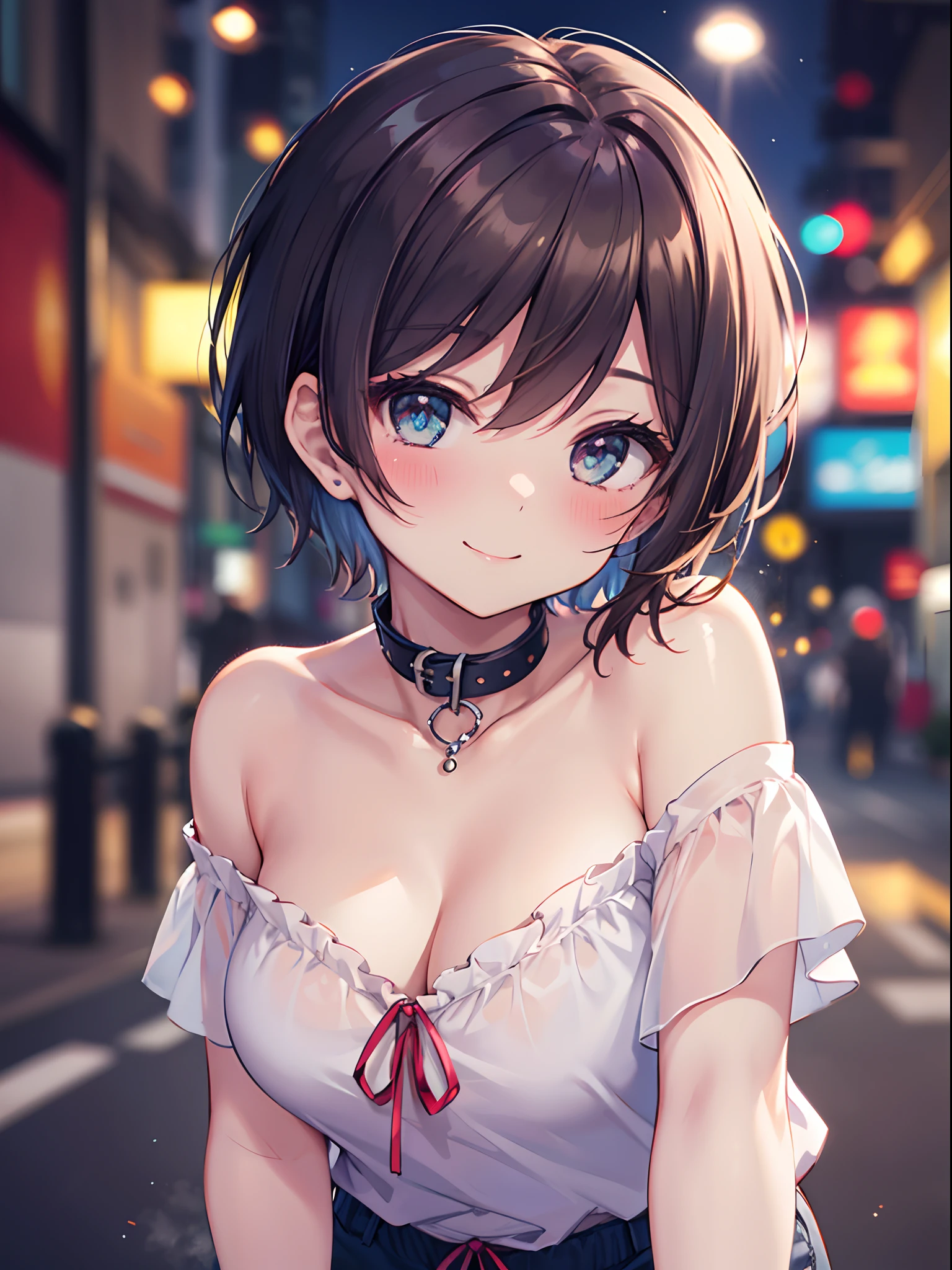 1girl in, (Chiquita:1.2), sarashina_ruka, Short hair, Dark hair,
(Close Shot, Best Quality, hight resolution, 4K, Detailed Lighting, Shaders, NSFW), 
WHITE off-the-shoulder shirt, cleavage, Shorts, Street background, Smiling, Nipple, strapless, collar, 
(POV, Leaning forward, Blushing:1.2)