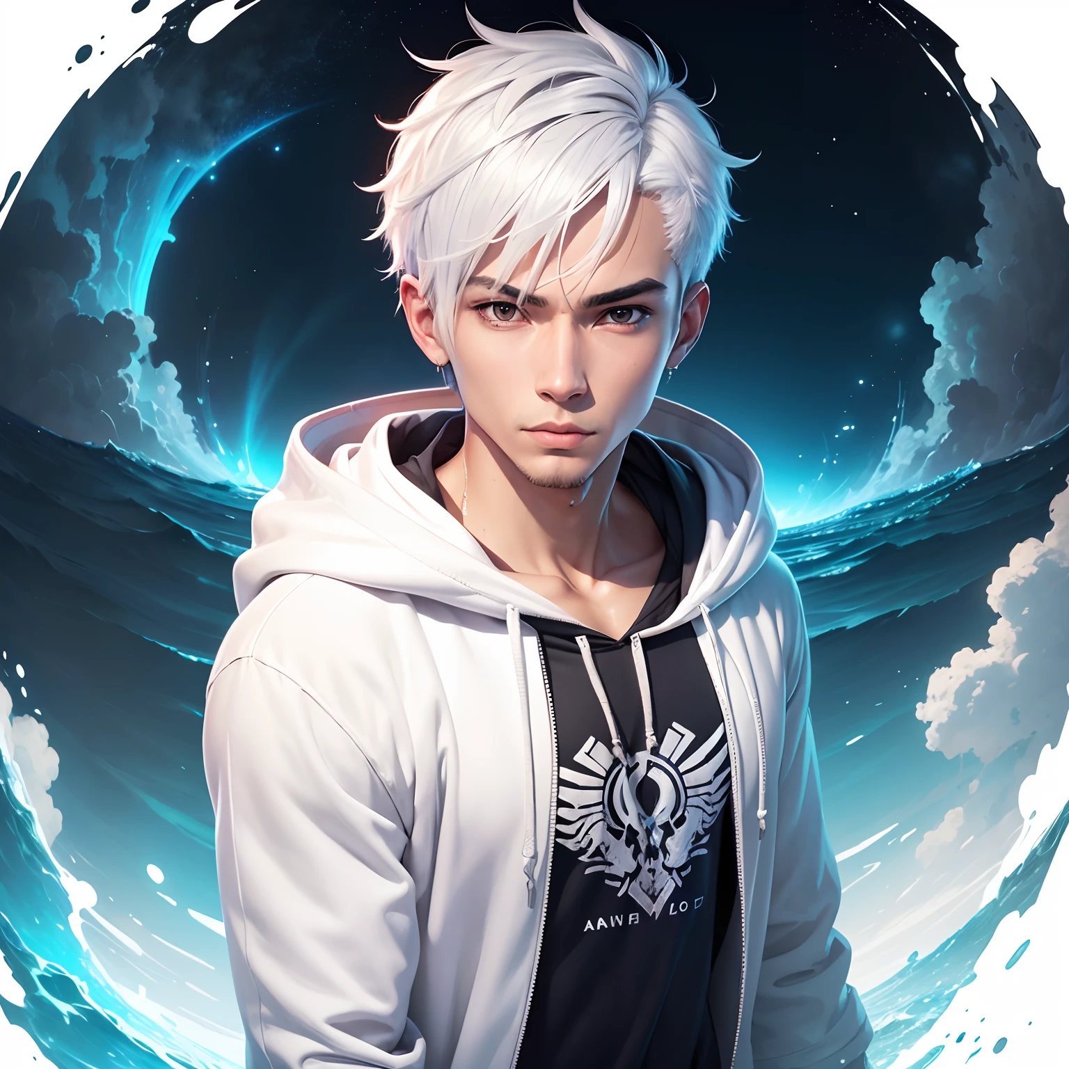 A man with a Wonder island with so much beauty expression, wearing a hoodie with his short platinum hair, all white background, anime art style, Focus on his face, Looking into the future