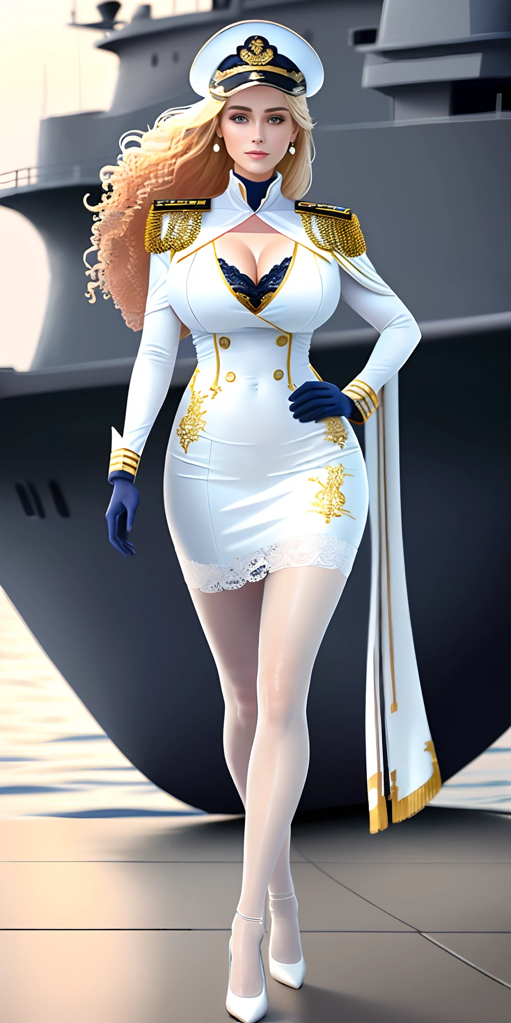 (Masterpiece), Best quality, Highest quality, Detailed and intricate, Original,A high resolution,shot of,(((full body shot shot))),fully body photo,(((Full body appearance))),extremely detailed goddess shot
\\
One guy,no other people,(30 age old),Extremely detailed_Eyes, Sexy,Female naval officer,Beautiful naval officer,Elegant and experienced female naval officer,Sexy female naval officer, Woman in white military uniform,Jaw-dropping beauty,Gorgeous woman,Mature female,Royal Sister
(eyes liner:0.5),(Blush:0.5),Blonde hair,(Long hair with a shawl,Layered Hair Style,curlies),Simple Diamond Earrings,Detailed skin, beautiful face,Light smile,Seductive expression,(Erotic, Seductive)
\\
dressed in:Woman in white military uniform,Blonde woman in white navy uniform,Uniform of a female naval officer,(glamour body,Anterior convex and posterior),(a mature female) Super beauty (lifelike face),(Breasts), (gigantic cleavage breasts)(Bigboobs, Deep cleavage, Sexy navel, Large breasts and deep cleavage),Navy cap,Women's navy cap,White navy cap,Purple bra,lace-trimmed bra,Lace bra,Female naval officer uniform (Phnom Penh uniform,Female naval officer uniform:1.2),breasted,(Button,Gold-tone buttons),the sleeve,Blue cuffs,(Gold-rimmed cuffs),Shawl,Blue shawl,(Shawl cloak,Blue naval officer shawl cloak)High legs, Bare legs, (Sexy thighs,Mature female legs,Plump legs),stocklings,black lence stockings,Clear stockings,(Black pantyhose:1.1),high-heels,((Gold-tone heel)),mitts,(Silk gloves,White gloves,see-through gloves,Gorgeous lace pattern),Short white pencil skirt,Skinny Pencil Skirt,White women's military uniform pencil short skirt,(white skirt,short transparent dress,White pencil skirt,transparent pubic hair, white skirt),Navy blue epaulettes,Naval insignia,
Action:Meticulous clothing,Dynamic pose((standing on your feet,spread their legs)),Erotic photo shooting,Perfect anatomy,((matching hairstyle, Match faces, matching outfits))
\\
Background with: (afloat,Pose on a warship:1.3)