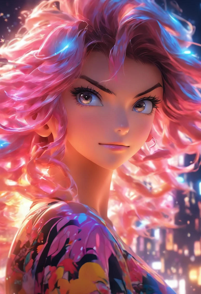 (best quality,4k,Realistic,fotografia:1.37),ultra-detalhado,corpo forte e definido,uma menina de 16 anos com cabelo rosa ondulado,vestindo um manto preto fechado com detalhes dourados, em pose de comando, Body from head to toe,photorealistic expression,colorful scenery of vibrant tones,dynamic lighting.