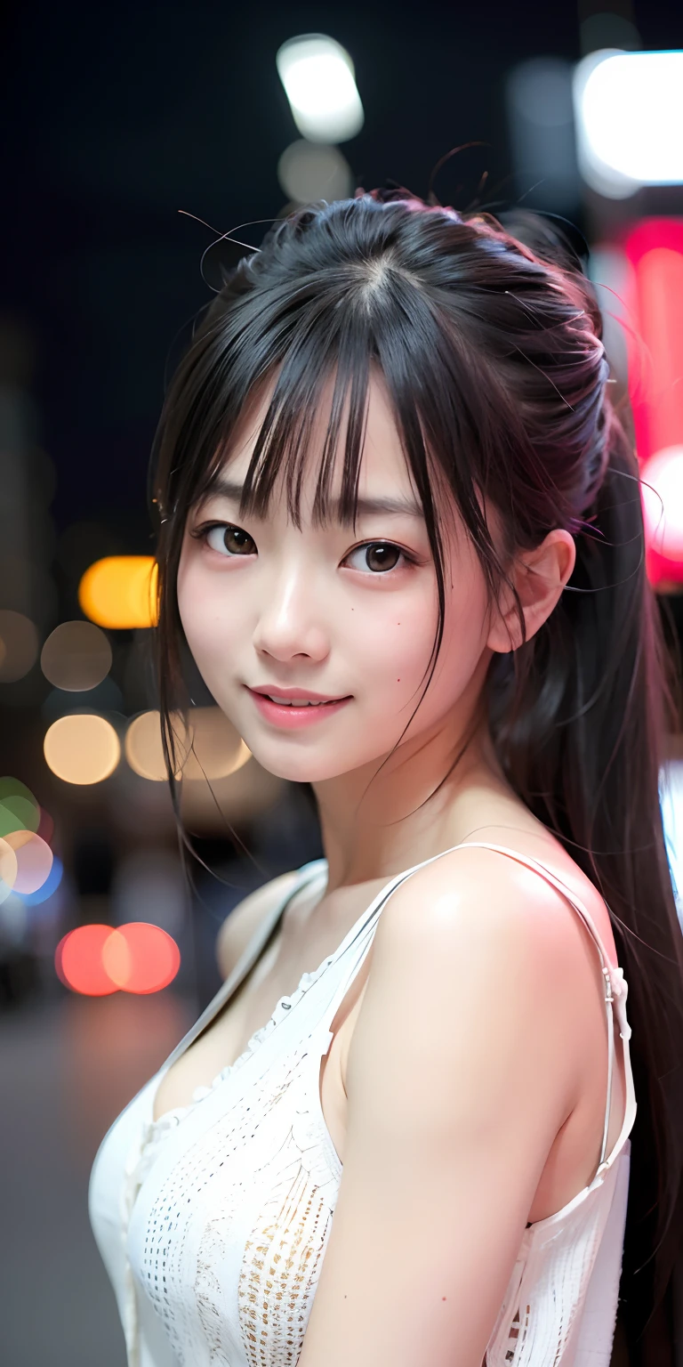 1girl, Tokyo street,night, cityscape,city lights,upper body,close-up,smile,, (8k, RAW photo, best quality, masterpiece:1.2),(realistic, photo-realistic:1.37),