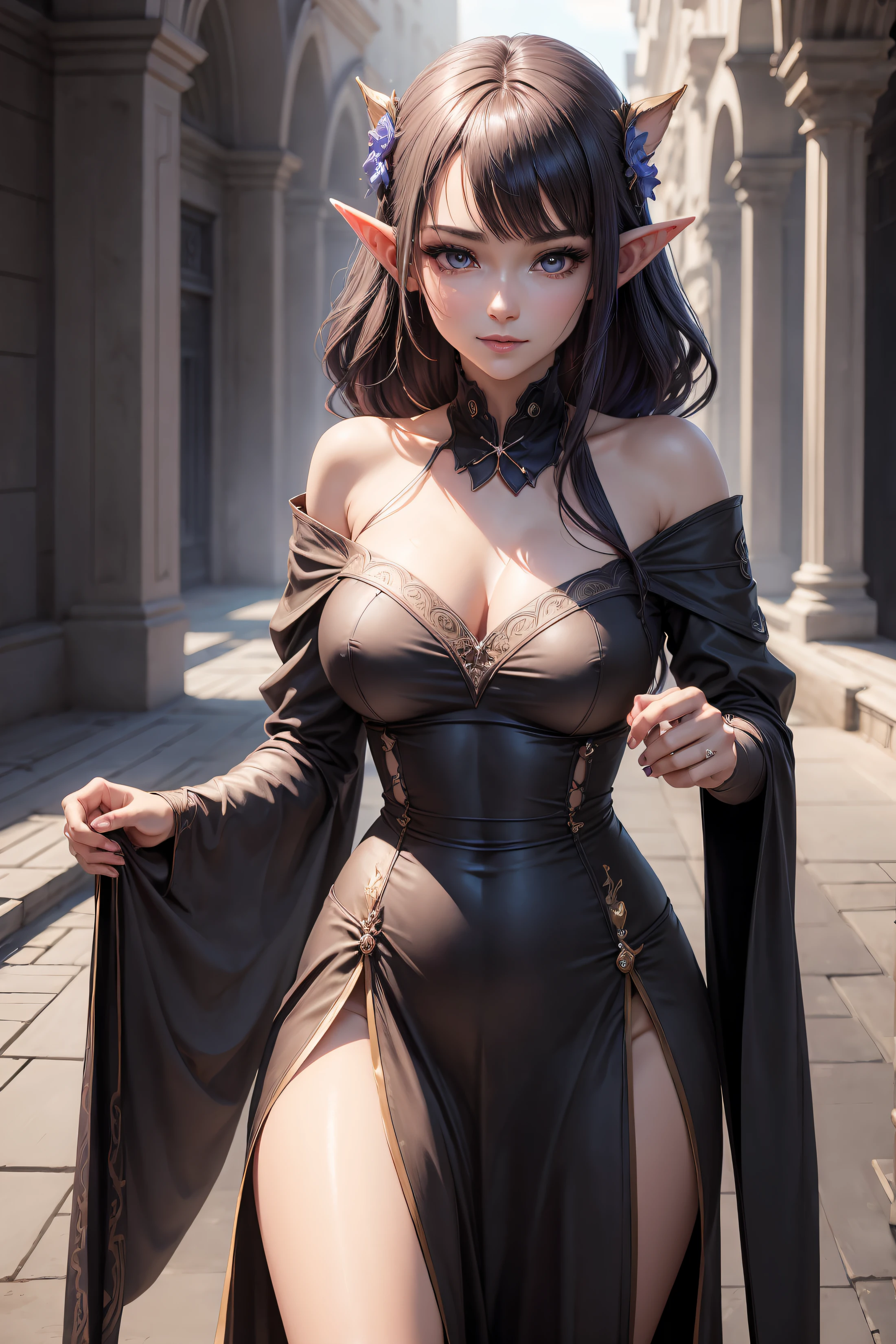 Adult girl standing and looking at the camera, pixie, elf ears, Beautiful elven ears, The girl is dressed in a Gothic dress, Long Dress, floor-length dress, pony tail, High-quality beautiful eyes, beatiful face, High Quality Face, dark sky, Thin, Wet waist, Slender figure, Appearance of the model, confusion, sexuality, Cute beautiful anime woman, detailed digital anime art, beautiful anime girl, beautiful anime girl, Anime with small details, Best Quality, Masterpiece, Ultra-detailed, Beautiful, hight resolution, Original,CG 8K ультрареалистичный, perfect artwork, beatiful face, Face Clean, Skin, hyper realistic, Ultra Detailed, A detailed eye, dramatic lighting, (Realistic) Realistic, Full HD, Best Quality, Best Quality, Beautiful lighting, (8k wallpaper of extremely detailed CG unit), High Details, sharp-focus, The art of dramatic and photorealistic painting, beautiful smile,