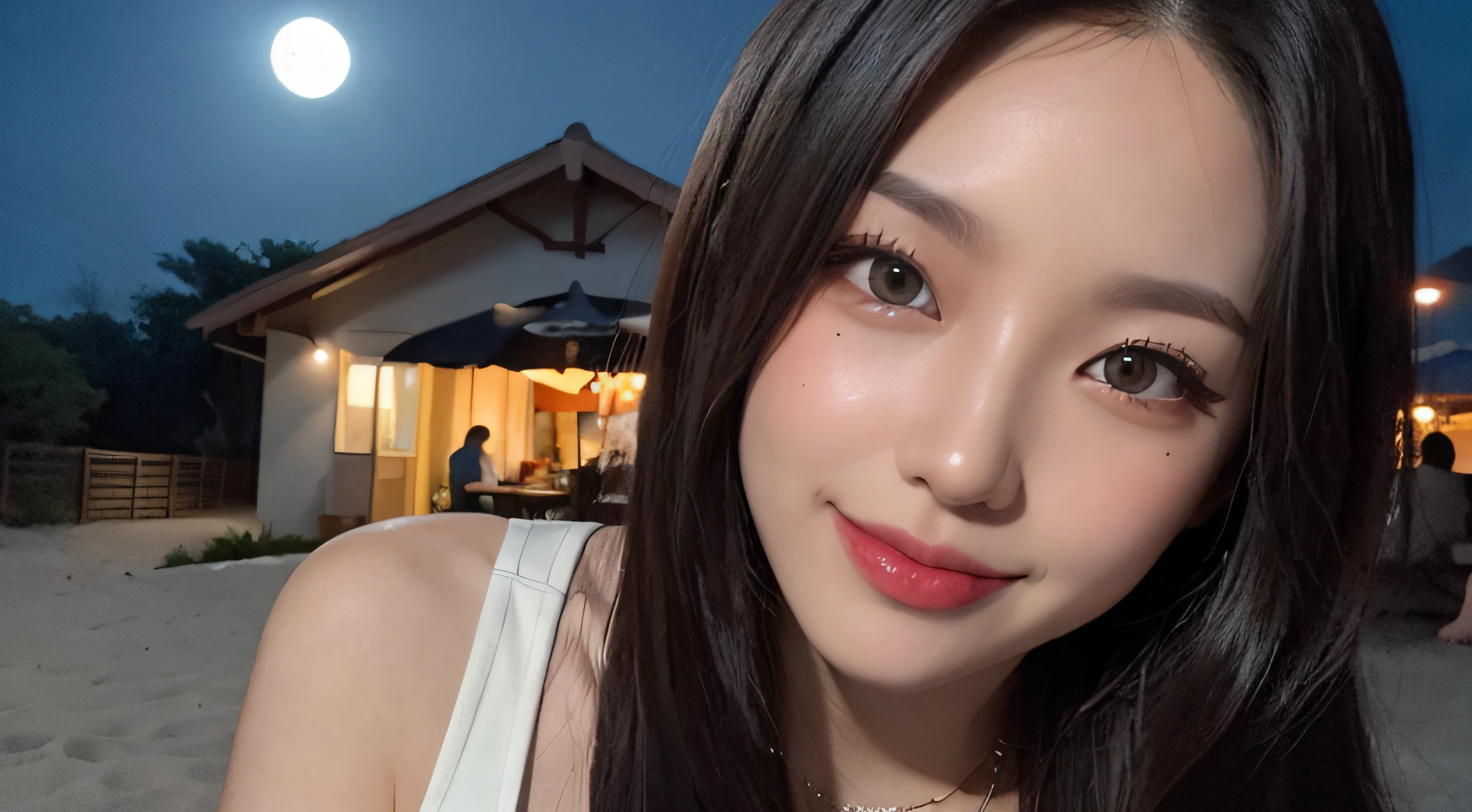 Black hair, hair bobbles, long eyelasher, solid circle eyes, Light smile, Moles under eyes, Light smile, Shy, puckered lips, surrealism, shadowing, stereograms, angle of view, Atmospheric perspective, Depth of field, first person perspective, f/1.8, 8K, Super detail, ccurate, Best quality, A high resolution, Best quality,full bodyesbian,Professional lighting,Moonlight,Evening,beach,necklace,race queen,Cross your arms behind your head:1.5,Upper body,