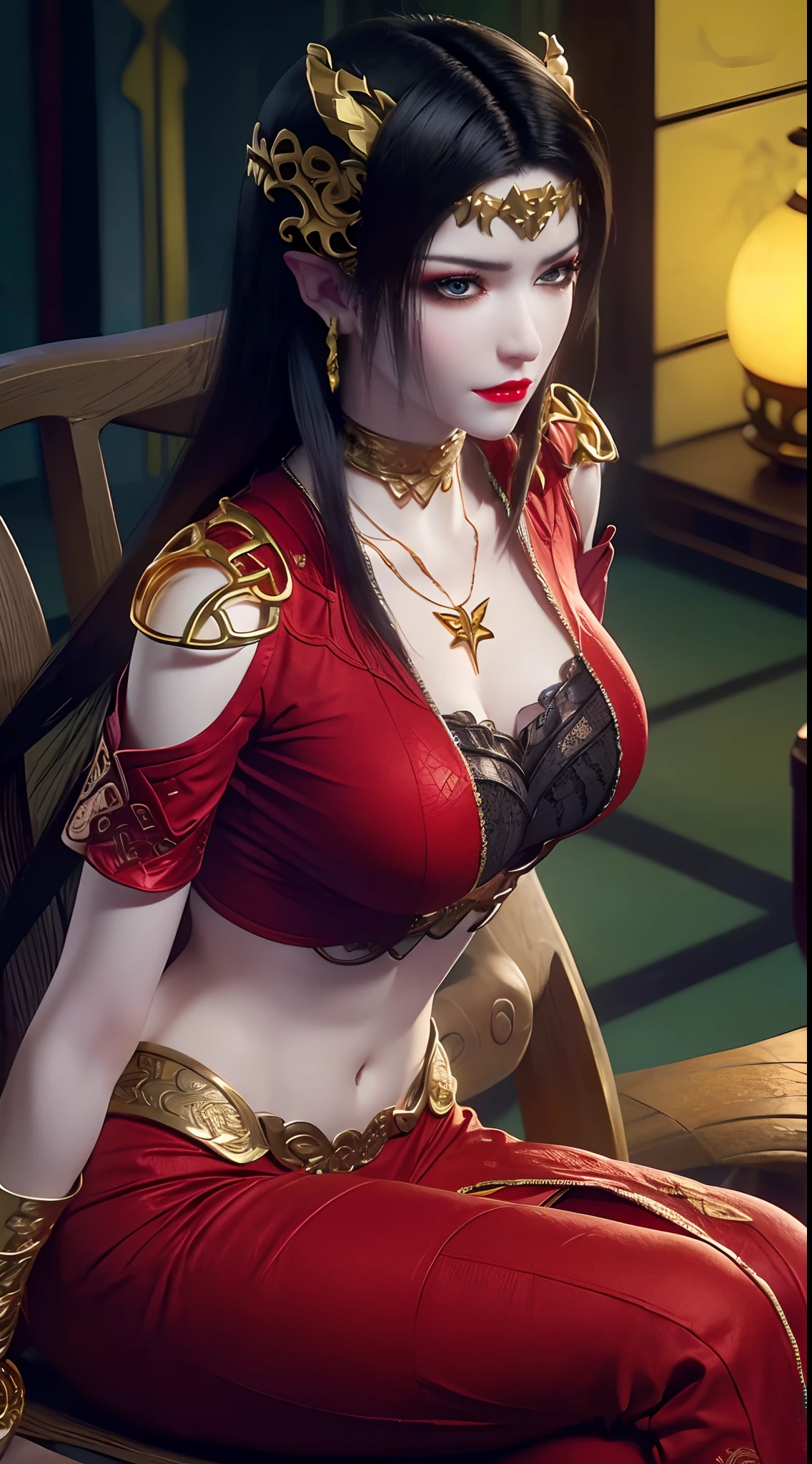 1 extremely beautiful queen, ((wearing traditional red hanfu with thin black patterns:1.6)), (((Patterns on clothes:1.6))), ((long black hair:1.6 )), elaborately crafted jewelry from precious stones and beautiful hair, (((wearing a 24k gold lace necklace:1.4))), noble, noble style of an extremely beautiful girl, Super cute little face, very pretty face, thin eyebrows, flawless beautiful face, ((black eye pupils: 0.8)), very beautiful eyes, ((platinum blue eyes: 1 ,6)), (((wide eyes: 1,6))), beautiful makeup and detailed hairdo, eyelashes, steamy eye makeup, high nose, earrings, red lips, ((closed mouth : 1.5)) beautiful lips, slim arms, most beautiful thighs, ((arms behind and spread out to the sides: 1.5)), ((bent sitting position with chest out toward the audience and arms behind :1.6)), rosy face, clean face, flawless beautiful face, smooth white skin, (( super big and round firm breasts: 1.8)), firm breasts, beautiful cleavage, beautiful breasts , perfect body, back arms, open chest, black sheer fishnet stockings with black lace trim, 8k photo, super high quality, super realistic, super 10 x pixel, optical, bright studio, bright edges, lighting two-tone, (high detail skin: 1.2), ultra 8k, soft light, high quality, volumetric light, optical, optical high resolution, light, best shot, quality 4k, 8k, blur effect, smooth sharpness, 10 x pixels, ((sea and moonlight in night background: 1.5)), aurora, lightning, hyper-realistic graphics, most realistic graphics, 1 girl, alone, solo, Extremely sharp, surreal image, (((frontal portrait: 1)))."