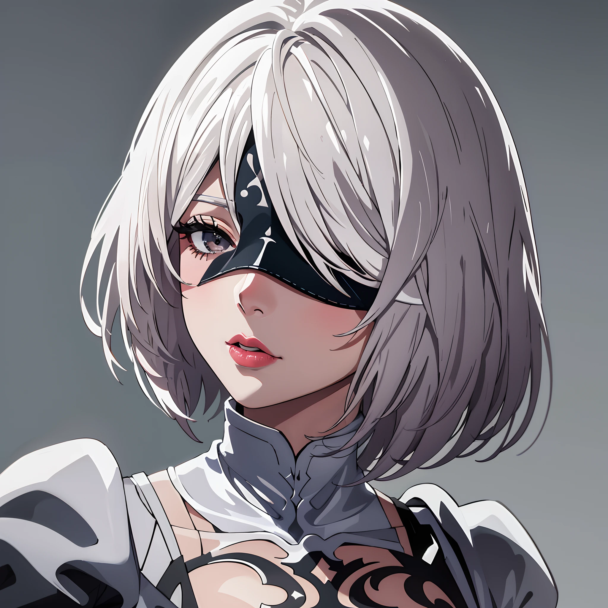 2b, 1girll, Blindfold, black eye mask, Cover eyes, closeup cleavage, Portrait, face, passport, Solo, Short hair, Simple background, White background, dress, White hair, shairband, parted lip, Puffy sleeves, dark mole, Black dress, Lips, Turtleneck, black hair band, Juliet sleeves, Portrait,  facingviewer, Pink lips, Blindfold, covering eyes, black eye mask, anime big breast, Realistic, Masterpiece