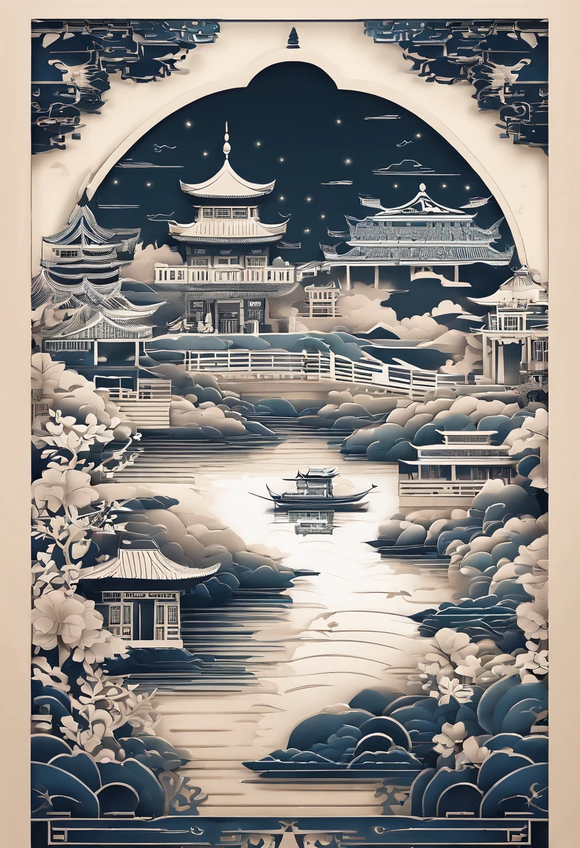 New Year,Chinese-style town,nigh sky,Buddha statue in the center,decorations,Hanging Chinese lanterns,