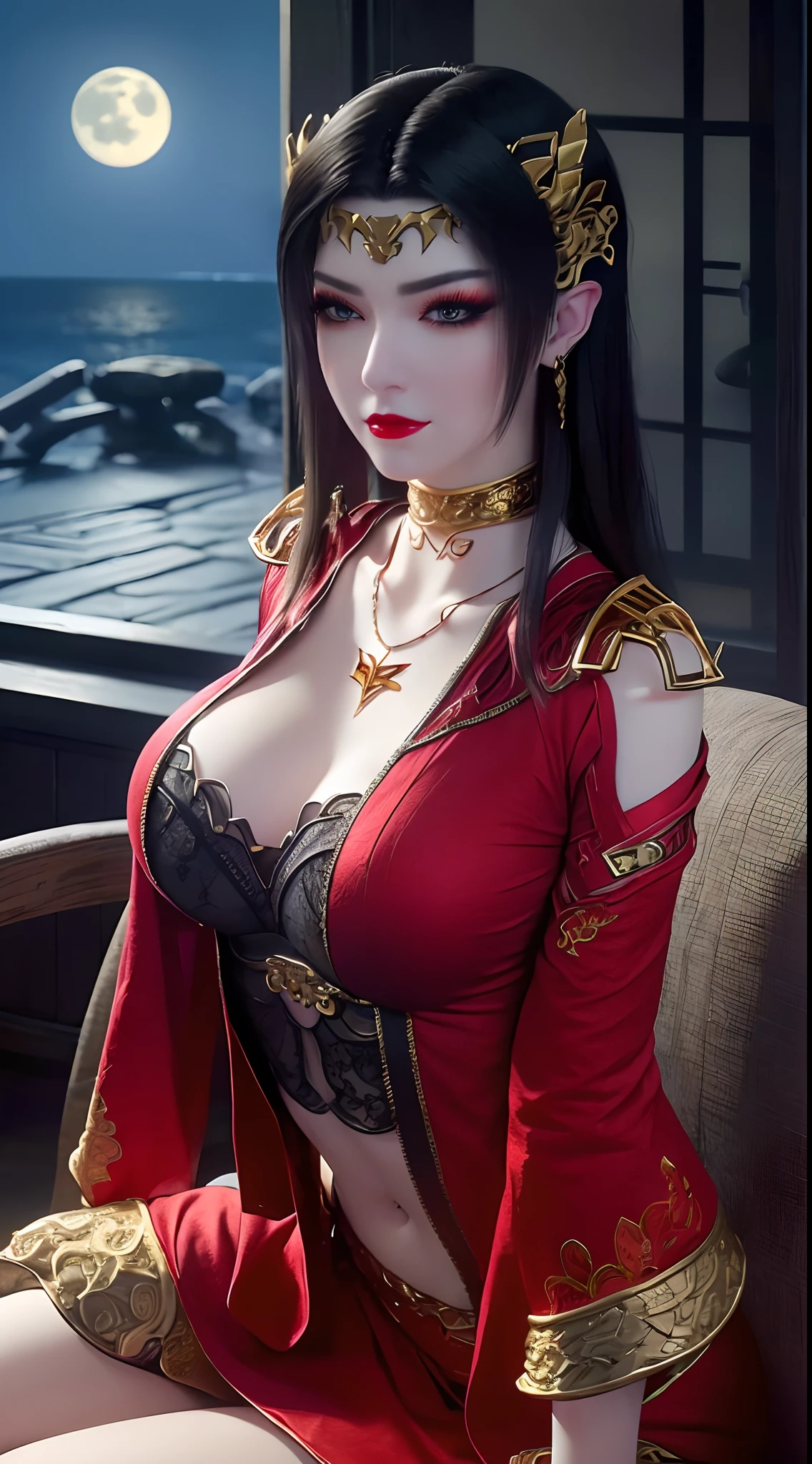 1 extremely beautiful queen, ((wearing traditional red hanfu with thin black patterns:1.6)), (((Patterns on clothes:1.6))), ((long black hair:1.6 )), elaborately crafted jewelry from precious stones and beautiful hair, (((wearing a 24k gold lace necklace:1.4))), noble, noble style of an extremely beautiful girl, Super cute little face, very pretty face, thin eyebrows, flawless beautiful face, ((black eye pupils: 0.8)), very beautiful eyes, ((platinum blue eyes: 1 ,6)), (((wide eyes: 1,6))), beautiful makeup and detailed hairdo, eyelashes, steamy eye makeup, high nose, earrings, red lips, ((closed mouth : 1.5)) beautiful lips, slim arms, most beautiful thighs, ((arms behind and spread out to the sides: 1.5)), ((bent sitting position with chest out toward the audience and arms behind :1.6)), rosy face, clean face, flawless beautiful face, smooth white skin, (( super big and round firm breasts: 1.8)), firm breasts, beautiful cleavage, beautiful breasts , perfect body, back arms, open chest, black sheer fishnet stockings with black lace trim, 8k photo, super high quality, super realistic, super 10 x pixel, optical, bright studio, bright edges, lighting two-tone, (high detail skin: 1.2), ultra 8k, soft light, high quality, volumetric light, optical, optical high resolution, light, best shot, quality 4k, 8k, blur effect, smooth sharpness, 10 x pixels, ((sea and moonlight in night background: 1.5)), aurora, lightning, hyper-realistic graphics, most realistic graphics, 1 girl, alone, solo, Extremely sharp, surreal image, (((frontal portrait: 1)))."
