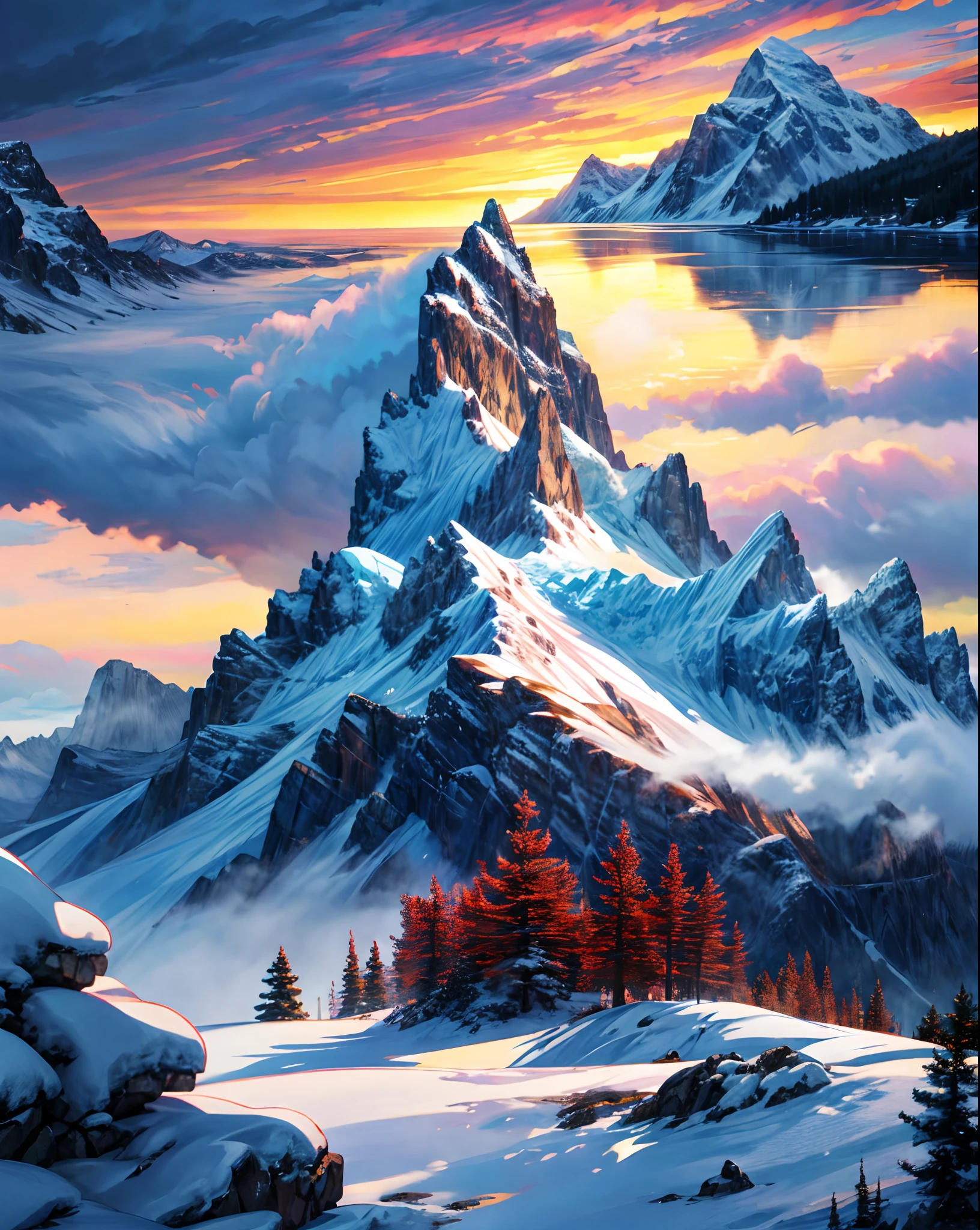 Mountains, Flowers and blue sky in the foreground, majestic mountain peaks々, epic mountains, 4k highly detailed digital art, Anime landscapes, beautiful mountains, beautiful mountains behind々, snow mountains, Anime Nature, 8K high quality detailed art, detailed scenic view, snow mountains, epic beautiful landscape, anime landscape wallpapers, In snowy mountains and snow, scenery art detailed