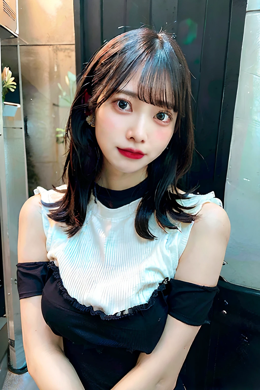 (top-quality、8k、32K、masuter piece、nffsw:1.2)、、profile、(slim figure:1.2)、(s lips) 、17 age、Pink blouse、Colossal 、double eyelid、shinny skin、Realistic rayare、beauitful face、(A smile:1.3)、crouching down、(From  above:1.2)、(a closeup:1.4)、blurry backround、(Front Focus)、(dark: 1.6)、Fantasy Art、photoRealstic、Professional Lighting、extra detailed face、Award-winning、deep-shadows、brown hair,ズームレイヤー, 