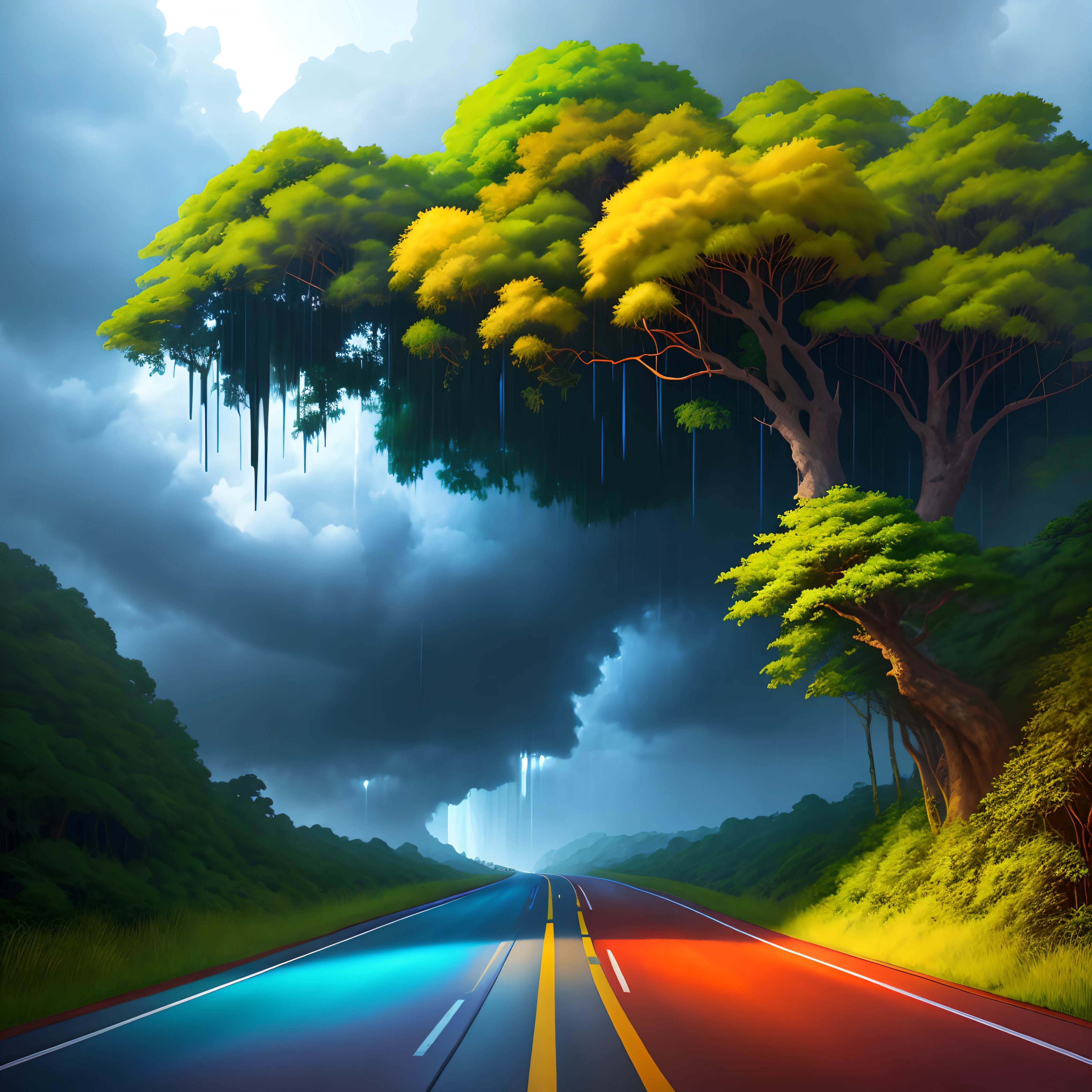 Masterpiece jungle, colorful trees, On a road with a background of cloudy blue sky, thunder, raining , animals , hyper detailed, trending on artstation, sharp focus, intricate details, highly detailed,