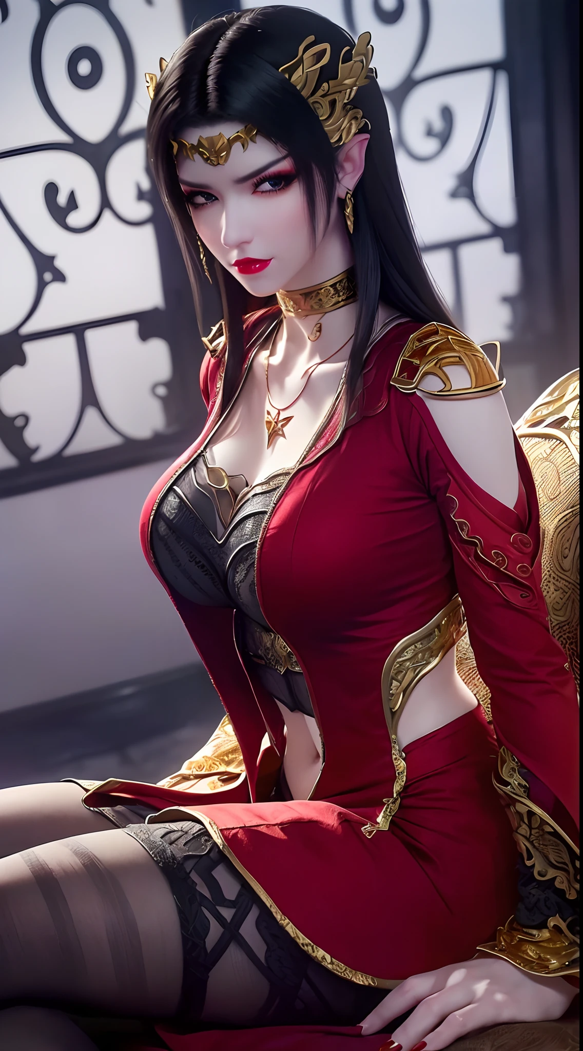 1 extremely beautiful queen, ((wearing traditional red hanfu with thin black patterns:1.6)), (((Patterns on clothes:1.6))), ((long black hair:1.6 )), elaborately crafted jewelry from precious stones and beautiful hair, (((wearing a 24k gold lace necklace:1.4))), noble, noble style of an extremely beautiful girl, Super cute little face, very pretty face, thin eyebrows, flawless beautiful face, ((black eye pupils: 0.8)), very beautiful eyes, ((platinum blue eyes: 1 ,6)), (((wide eyes: 1,6))), beautiful makeup and detailed hairdo, eyelashes, steamy eye makeup, high nose, earrings, red lips, ((closed mouth : 1.5)) beautiful lips, slim arms, most beautiful thighs, ((arms behind and spread out to the sides: 1.5)), ((bent sitting position with chest out toward the audience and arms behind :1.6)), rosy face, clean face, flawless beautiful face, smooth white skin, (( super big and round firm breasts: 1.8)), firm breasts, beautiful cleavage, beautiful breasts , perfect body, back arms, open chest, black sheer fishnet stockings with black lace trim, 8k photo, super high quality, super realistic, super 10 x pixel, optical, bright studio, bright edges, lighting two-tone, (high detail skin: 1.2), ultra 8k, soft light, high quality, volumetric light, optical, optical high resolution, light, best shot, quality 4k, 8k, blur effect, smooth sharpness, 10 x pixels, ((sea and moonlight in night background: 1.5)), aurora, lightning, hyper-realistic graphics, most realistic graphics, 1 girl, alone, solo, Extremely sharp, surreal image, (((frontal portrait: 1)))."