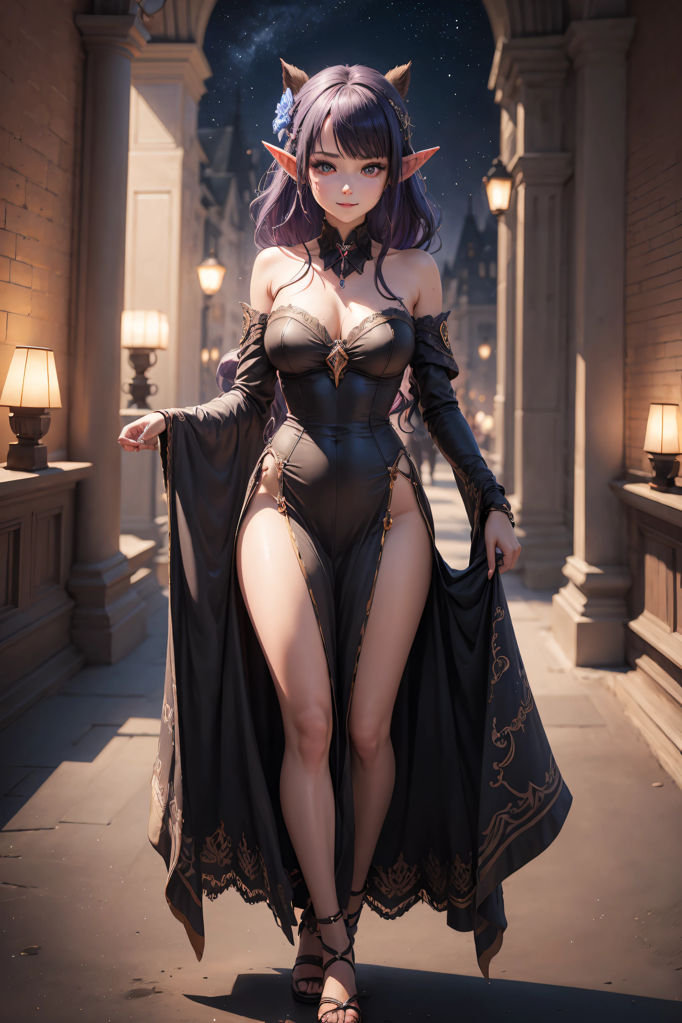 Adult girl standing and looking at the camera, pixie, elf ears, Beautiful elven ears, The girl is dressed in a Gothic dress, Long Dress, floor-length dress, pony tail, High-quality beautiful eyes, beatiful face, High Quality Face, dark sky, Thin, Wet waist, Slender figure, Appearance of the model, confusion, sexuality, Cute beautiful anime woman, detailed digital anime art, beautiful anime girl, beautiful anime girl, Anime with small details, Best Quality, Masterpiece, Ultra-detailed, Beautiful, hight resolution, Original,CG 8K ультрареалистичный, perfect artwork, beatiful face, Face Clean, Skin, hyper realistic, Ultra Detailed, A detailed eye, dramatic lighting, (Realistic) Realistic, Full HD, Best Quality, Best Quality, Beautiful lighting, (8k wallpaper of extremely detailed CG unit), High Details, sharp-focus, The art of dramatic and photorealistic painting, beautiful smile,
