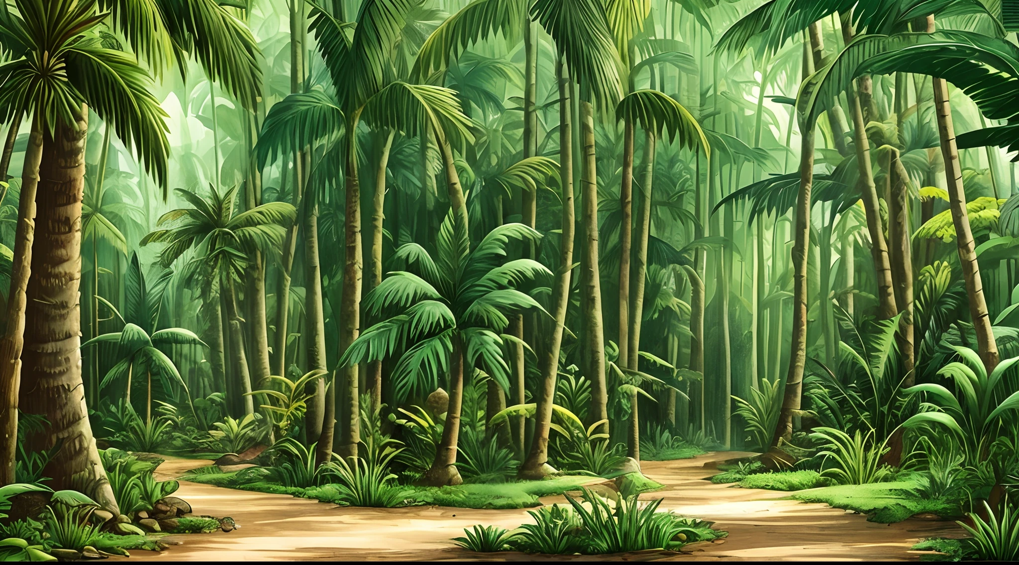 Jungle scene with various forest trees illustration