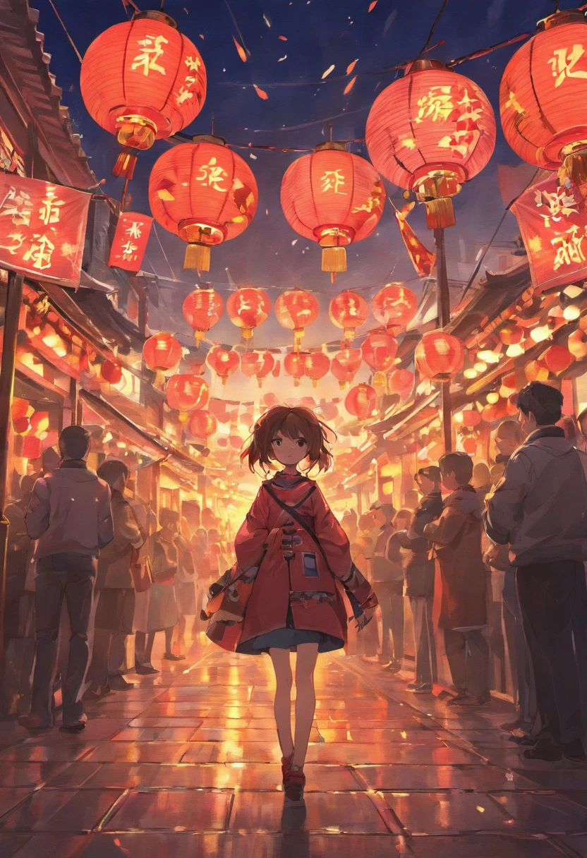New Year，Chinese-style town，nigh sky，Tiananmen square，decorations，Hanging Chinese lanterns，fire works，
