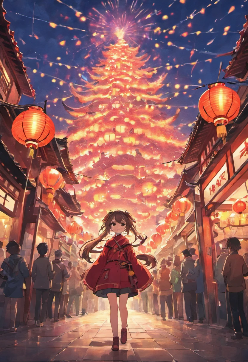 New Year,Chinese-style town,nigh sky,Tiananmen square,decorations,Hanging Chinese lanterns,fire works,