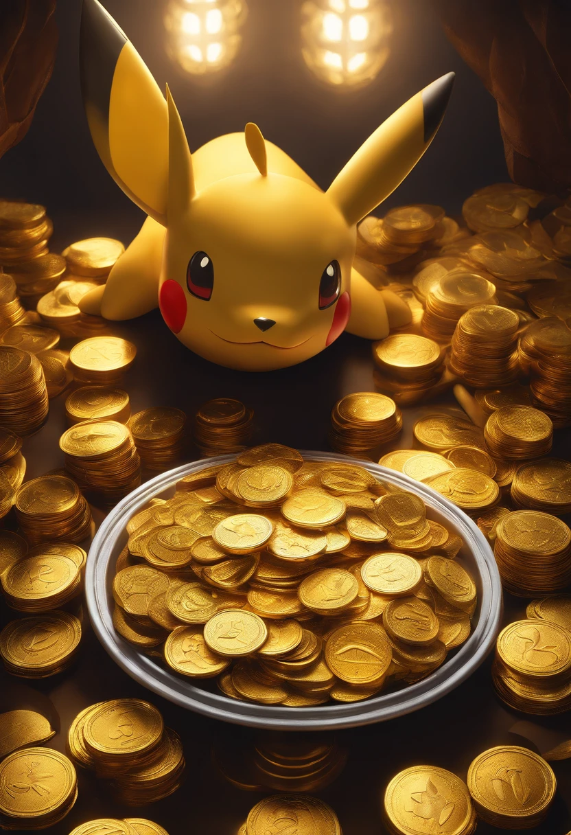 A Pokémon covered in a pile of gold coins, with the inscription "LOKI" on them (best quality, realistic, vivid colors), shining brightly under studio lighting. The Pokémon is beautifully detailed, with sparkling eyes and a mischievous smile. The gold coins reflect the light, creating a shimmering effect. The background is a dark and dramatic setting, enhancing the overall atmosphere. The color palette consists of rich golden tones and deep shadows, adding to the opulence of the scene. The lighting highlights the details and textures of both the Pokémon and the coins, creating a sense of depth and realism.