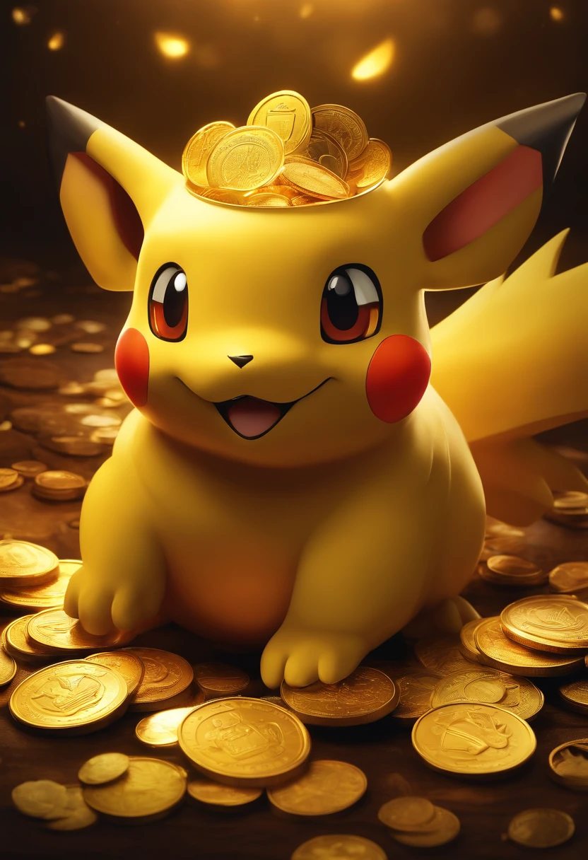 A Pokémon covered in a pile of gold coins, with the inscription "LOKI" on them (best quality, realistic, vivid colors), shining brightly under studio lighting. The Pokémon is beautifully detailed, with sparkling eyes and a mischievous smile. The gold coins reflect the light, creating a shimmering effect. The background is a dark and dramatic setting, enhancing the overall atmosphere. The color palette consists of rich golden tones and deep shadows, adding to the opulence of the scene. The lighting highlights the details and textures of both the Pokémon and the coins, creating a sense of depth and realism.