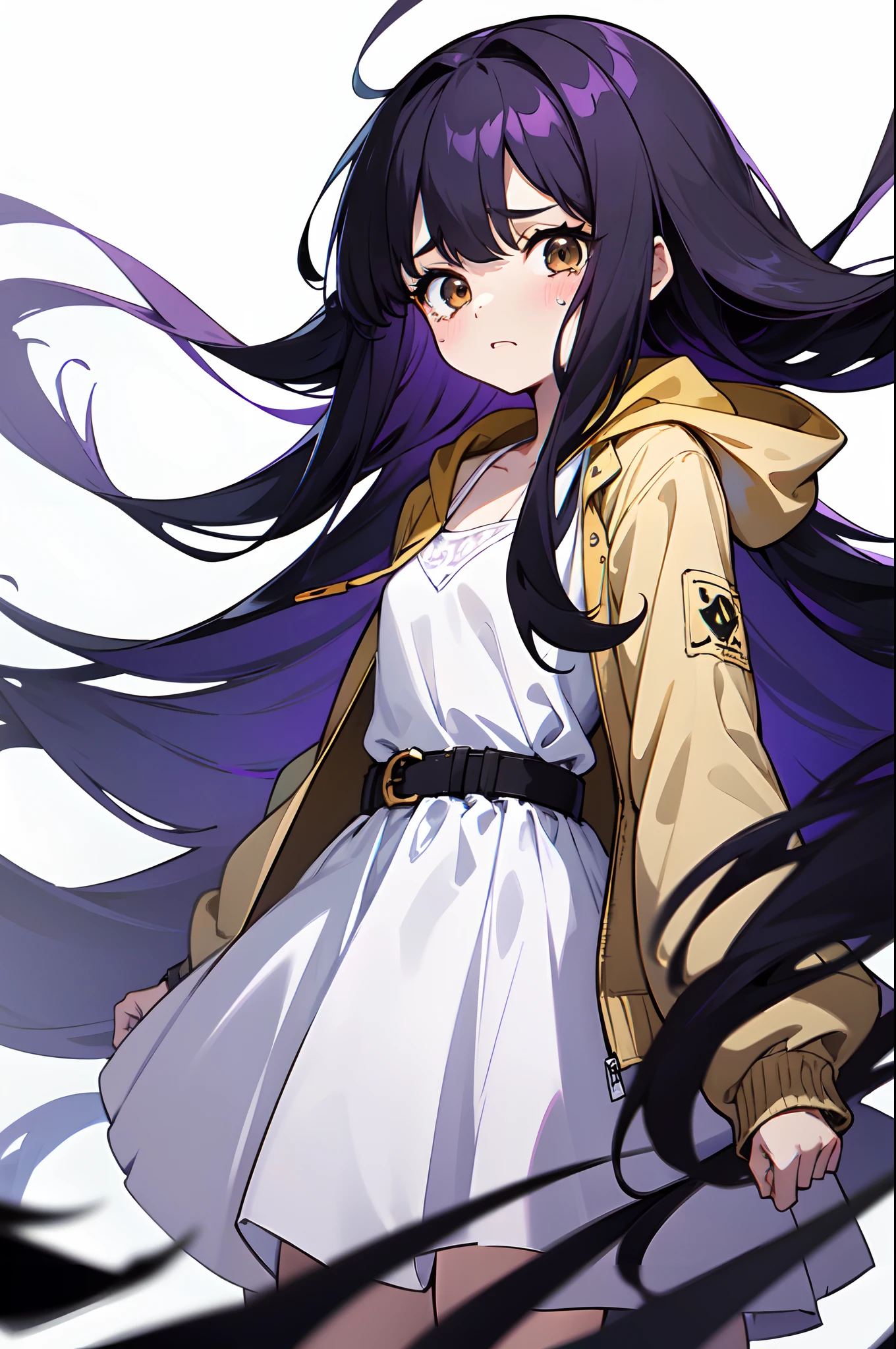 1girl, solo, li, li(black hair), (inner purple hair), straight hair, very long hair, (messy hair), brown eyes, small breasts, crying, scared, over jacket, jacket, hood off, white dress, belt, looking at viewer, arms behind back, white background, transparent background, masterpiece, best quality, 4k