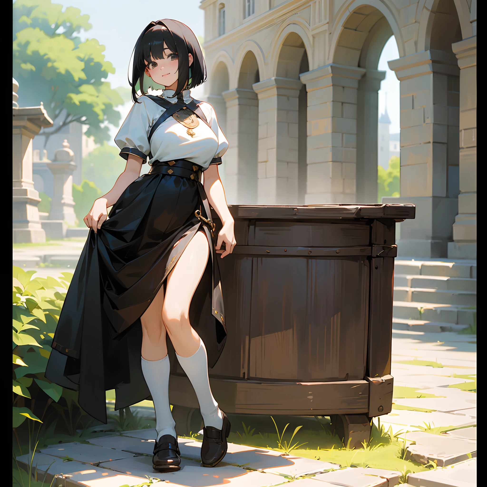 With the best image quality、Teenage girl standing alone outdoors。In high resolution、Beautiful fine details、tranquil atmosphere。((Black Hair Bob Hair))、Cute smile。(((breasts are large)))、I don't have anything in my hands、realistic hand、Medieval European national costume with short sleeves、Medieval European Streets、Leather shoes。