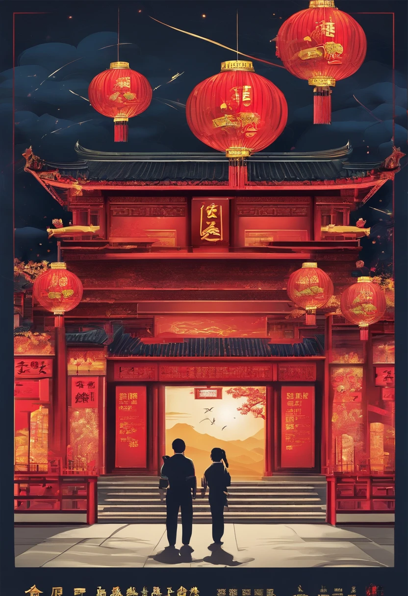 New Year，Chinese-style town，nigh sky，Tiananmen square，decorations，Hanging Chinese lanterns，fire works，