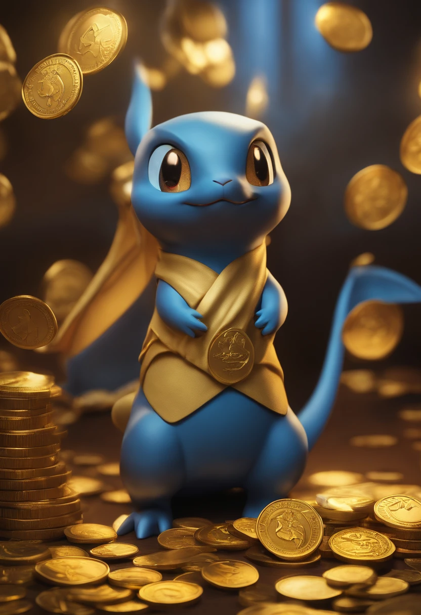 A Pokémon covered in a pile of gold coins, with the inscription "LOKI" on them (best quality, realistic, vivid colors), shining brightly under studio lighting. The Pokémon is beautifully detailed, with sparkling eyes and a mischievous smile. The gold coins reflect the light, creating a shimmering effect. The background is a dark and dramatic setting, enhancing the overall atmosphere. The color palette consists of rich golden tones and deep shadows, adding to the opulence of the scene. The lighting highlights the details and textures of both the Pokémon and the coins, creating a sense of depth and realism.