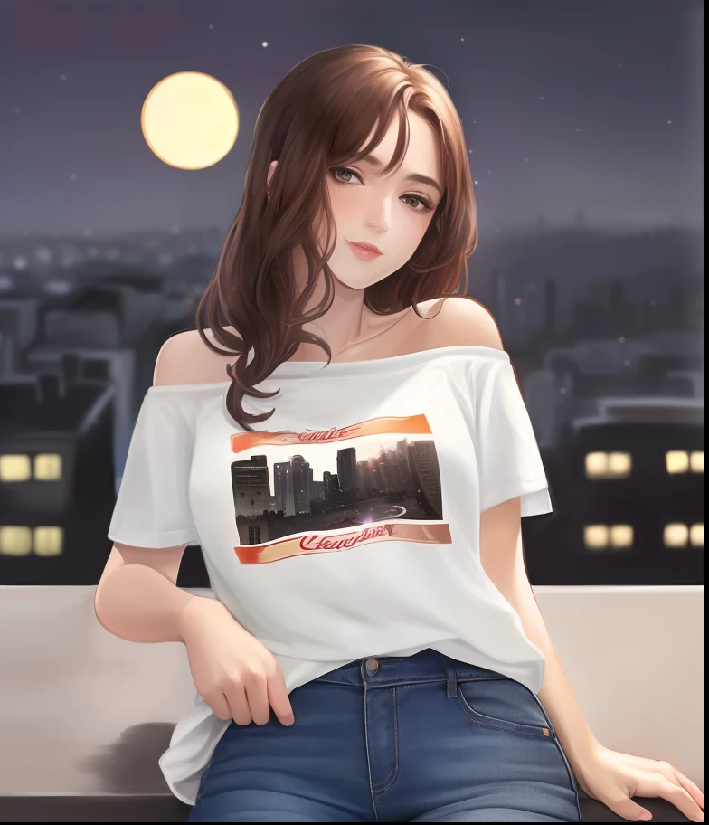((Minuit, Best quality, 8k, Masterpiece :1.3)), corps entier, longues jambes, mise au point nette :1.2, Une jolie femme avec une silhouette parfaite :1.4, slender abs :1.1, ((dark brown hair, gros seins :1.2)), (Tshirt moulant blanc, Dossard Jean, debout:1.2), ((Vue nocturne sur la ville, Toit:1.3)), very detailed face and skin texture, detailled eyes, double eyelidwork, coucher de soleil, obscurcir, backlit, off-the-shoulder