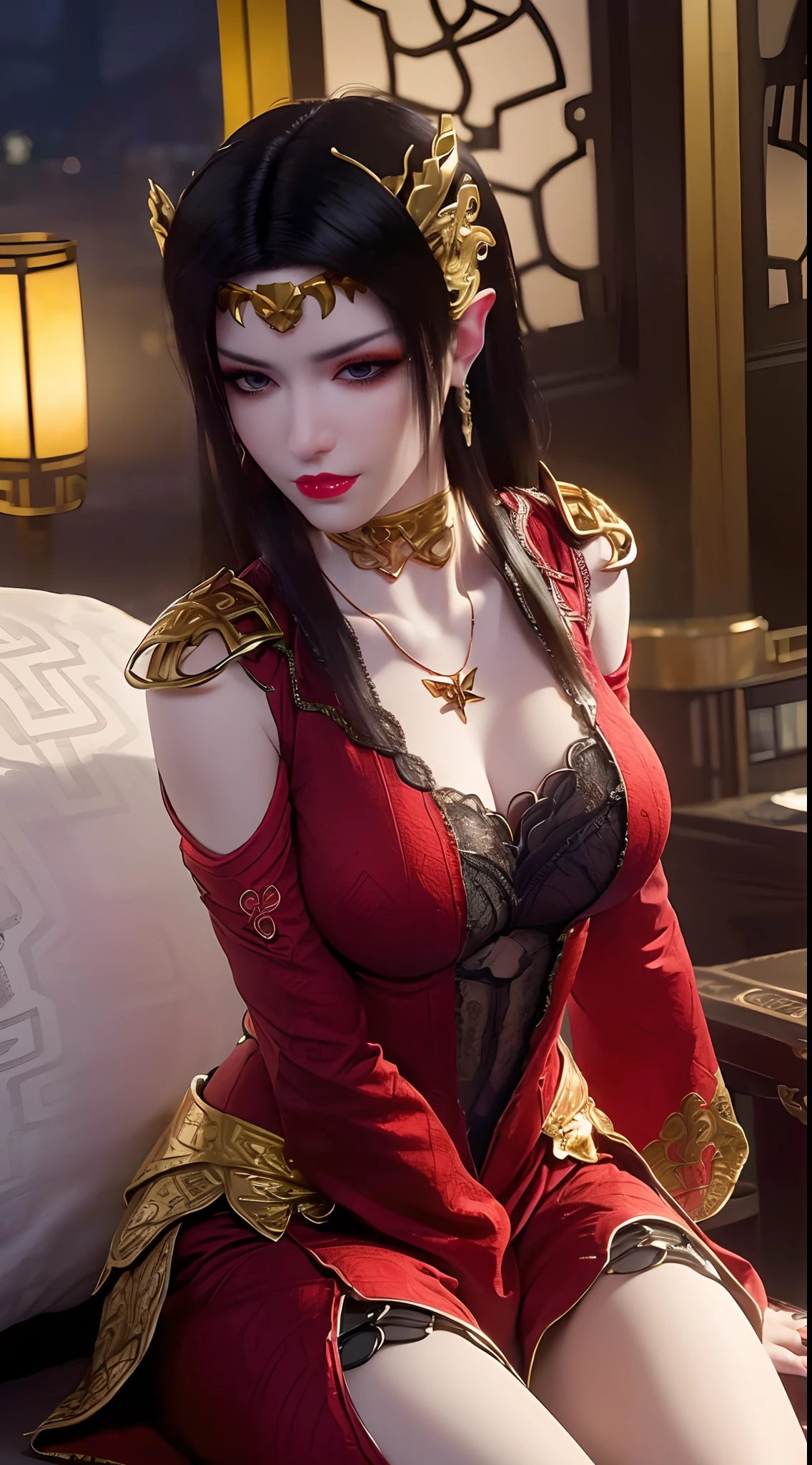 1 extremely beautiful queen, ((wearing traditional red hanfu with thin black patterns:1.6)), (((Patterns on clothes:1.6))), ((long black hair:1.6 )), elaborately crafted jewelry from precious stones and beautiful hair, (((wearing a 24k gold lace necklace:1.4))), noble, noble style of an extremely beautiful girl, Super cute little face, very pretty face, thin eyebrows, flawless beautiful face, ((black eye pupils: 0.8)), very beautiful eyes, ((platinum blue eyes: 1 ,6)), (((wide eyes: 1,6))), beautiful makeup and detailed hairdo, eyelashes, steamy eye makeup, high nose, earrings, red lips, ((closed mouth : 1.5)) beautiful lips, slim arms, most beautiful thighs, ((arms behind and spread out to the sides: 1.5)), ((bent sitting position with chest out toward the audience and arms behind :1.6)), rosy face, clean face, flawless beautiful face, smooth white skin, (( super big and round firm breasts: 1.8)), firm breasts, beautiful cleavage, beautiful breasts , perfect body, back arms, open chest, black sheer fishnet stockings with black lace trim, 8k photo, super high quality, super realistic, super 10 x pixel, optical, bright studio, bright edges, lighting two-tone, (high detail skin: 1.2), ultra 8k, soft light, high quality, volumetric light, optical, optical high resolution, light, best shot, quality 4k, 8k, blur effect, smooth sharpness, 10 x pixels, ((sea and moonlight in night background: 1.5)), aurora, lightning, hyper-realistic graphics, most realistic graphics, 1 girl, alone, solo, Extremely sharp, surreal image, (((frontal portrait: 1)))."