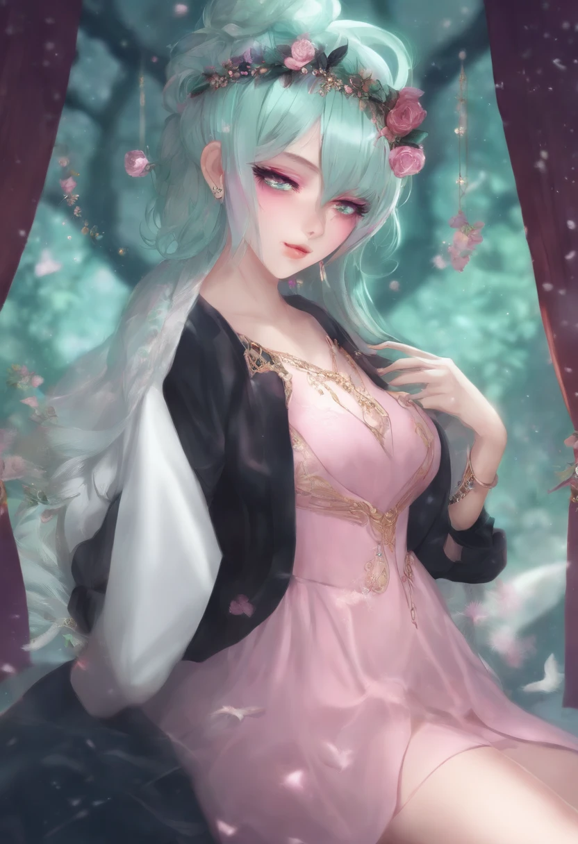 animesque、full bodyesbian、Mint-colored hair、Pink eyes