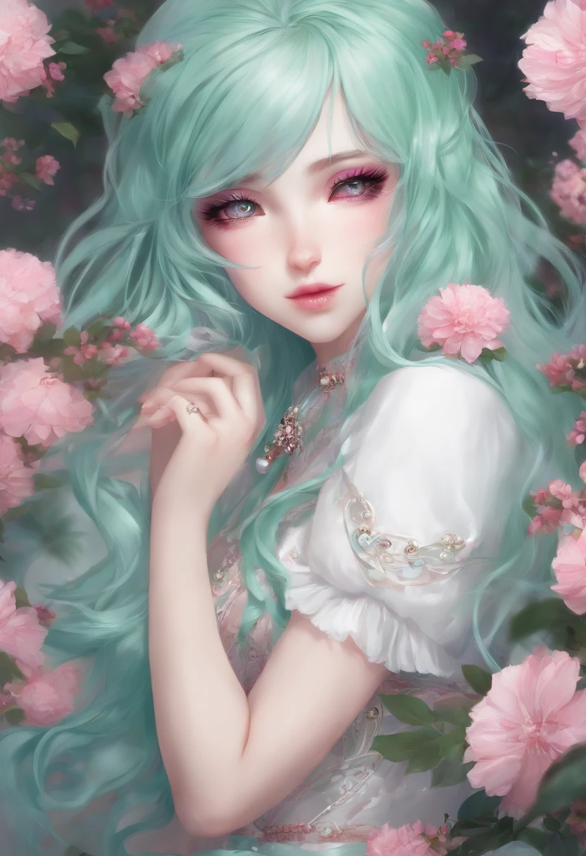 animesque、full bodyesbian、Mint-colored hair、Pink eyes