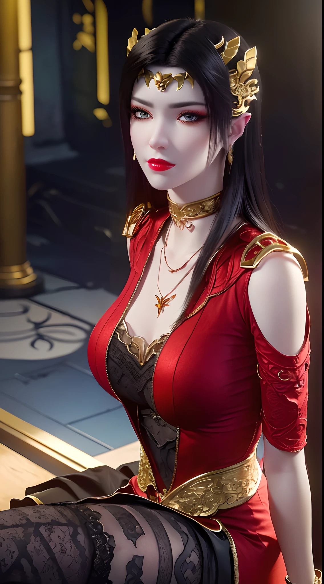 1 extremely beautiful queen, ((wearing traditional red hanfu with thin black patterns:1.6)), (((Patterns on clothes:1.6))), ((long black hair:1.6 )), elaborately crafted jewelry from precious stones and beautiful hair, (((wearing a 24k gold lace necklace:1.4))), noble, noble style of an extremely beautiful girl, Super cute little face, very pretty face, thin eyebrows, flawless beautiful face, ((black eye pupils: 0.8)), very beautiful eyes, ((platinum blue eyes: 1 ,6)), (((wide eyes: 1,6))), beautiful makeup and detailed hairdo, eyelashes, steamy eye makeup, high nose, earrings, red lips, ((closed mouth : 1.5)) beautiful lips, slim arms, most beautiful thighs, ((arms behind and spread out to the sides: 1.5)), ((bent sitting position with chest out toward the audience and arms behind :1.6)), rosy face, clean face, flawless beautiful face, smooth white skin, (( super big and round firm breasts: 1.8)), firm breasts, beautiful cleavage, beautiful breasts , perfect body, back arms, open chest, black sheer fishnet stockings with black lace trim, 8k photo, super high quality, super realistic, super 10 x pixel, optical, bright studio, bright edges, lighting two-tone, (high detail skin: 1.2), ultra 8k, soft light, high quality, volumetric light, optical, optical high resolution, light, best shot, quality 4k, 8k, blur effect, smooth sharpness, 10 x pixels, ((sea and moonlight in night background: 1.5)), aurora, lightning, hyper-realistic graphics, most realistic graphics, 1 girl, alone, solo, Extremely sharp, surreal image, (((frontal portrait: 1)))."