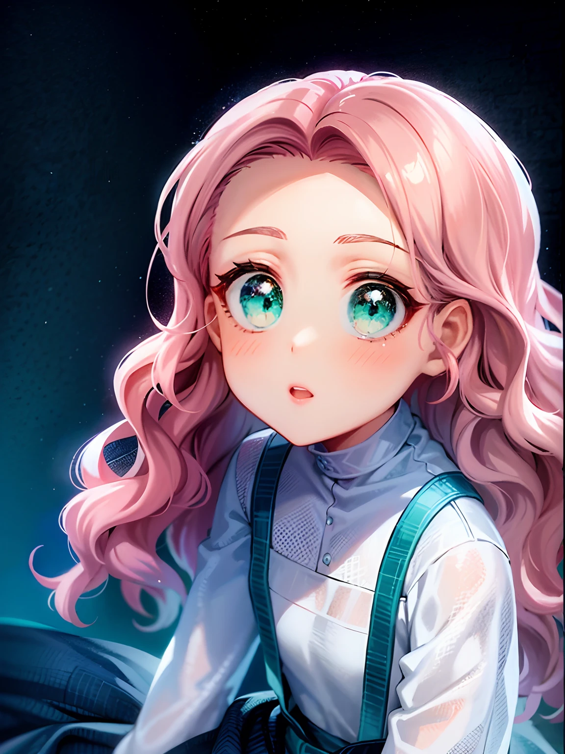 Menina anime com cabelo rosa, menina de olhos verdes sentada, retrato estilo anime, visual anime de uma menina bonito, sombreamento estilo anime plano, em estilo anime, kawaii retrato realista, fanart de alta qualidade, menina de cabelo rosa, menina de olhos verdes, menina de cabelo rosa cacheado, arte 8k, menina de roupa simples, menina de cabelos rosa, olhos bem verdes, olhos verdes, garota de cabelos rosa, menina de olhos verdes, menina de cabelo rosa