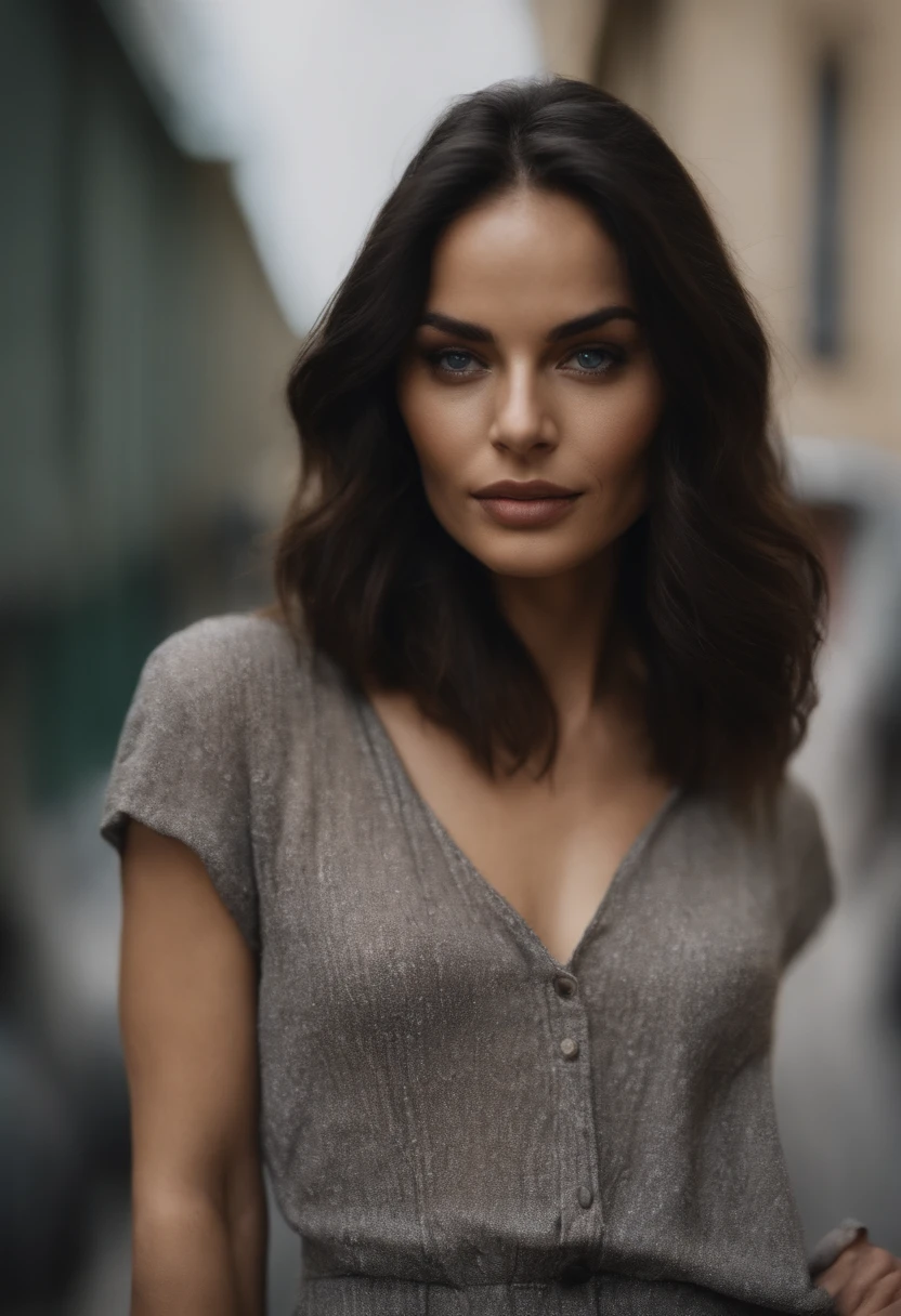 cheveux noirs, yeux bleue, assez grande, mince.