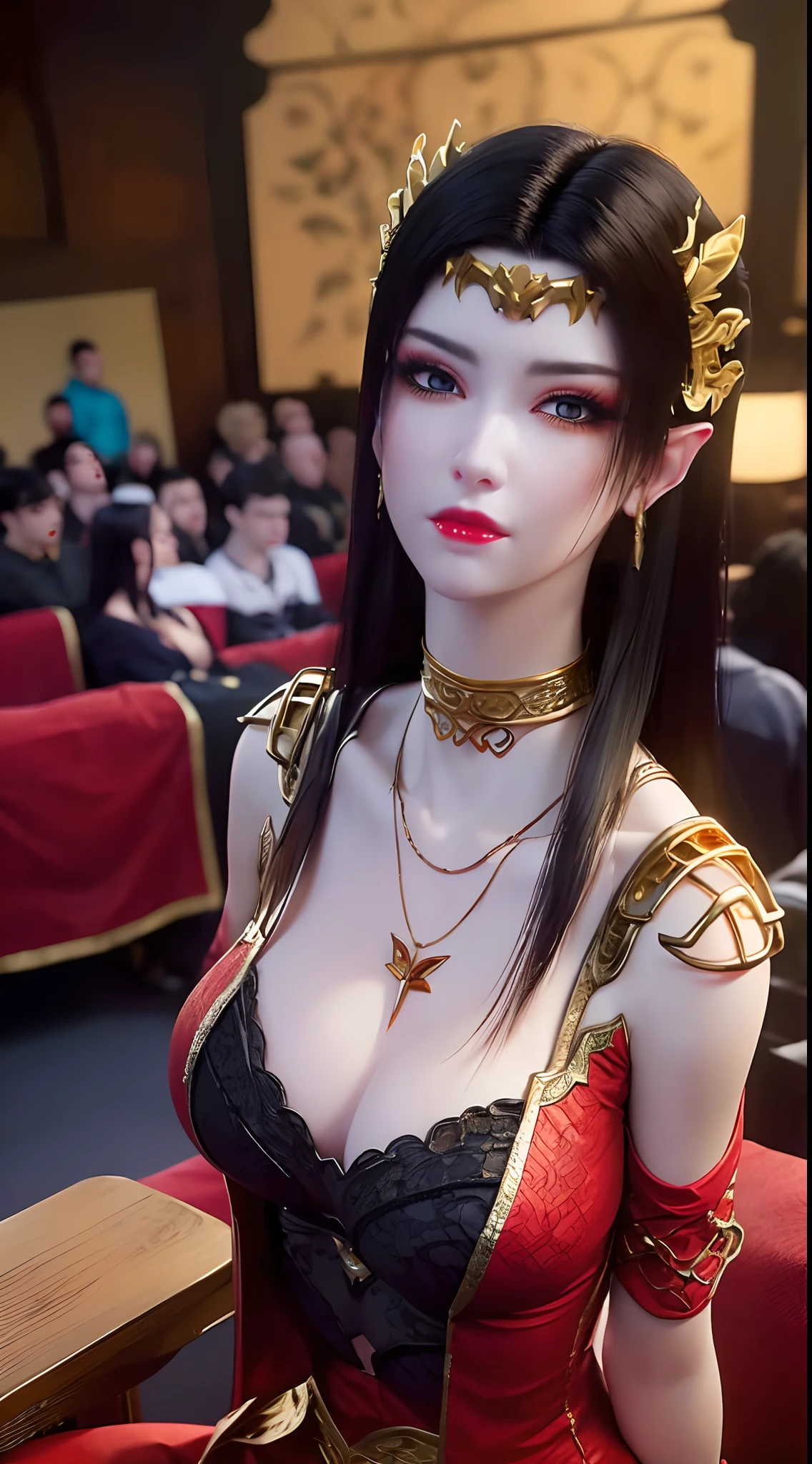 1 extremely beautiful queen, ((wearing traditional red hanfu with thin black patterns:1.6)), (((Patterns on clothes:1.6))), ((long black hair:1.6 )), elaborately crafted jewelry from precious stones and beautiful hair, (((wearing a 24k gold lace necklace:1.4))), noble, noble style of an extremely beautiful girl, Super cute little face, very pretty face, thin eyebrows, flawless beautiful face, ((black eye pupils: 0.8)), very beautiful eyes, ((platinum blue eyes: 1 ,6)), (((wide eyes: 1,6))), beautiful makeup and detailed hairdo, eyelashes, steamy eye makeup, high nose, earrings, red lips, ((closed mouth : 1.5)) beautiful lips, slim arms, most beautiful thighs, ((arms behind and spread out to the sides: 1.5)), ((bent sitting position with chest out toward the audience and arms behind :1.6)), rosy face, clean face, flawless beautiful face, smooth white skin, (( super big and round firm breasts: 1.8)), firm breasts, beautiful cleavage, beautiful breasts , perfect body, back arms, open chest, black sheer fishnet stockings with black lace trim, 8k photo, super high quality, super realistic, super 10 x pixel, optical, bright studio, bright edges, lighting two-tone, (high detail skin: 1.2), ultra 8k, soft light, high quality, volumetric light, optical, optical high resolution, light, best shot, quality 4k, 8k, blur effect, smooth sharpness, 10 x pixels, ((sea and moonlight in night background: 1.5)), aurora, lightning, hyper-realistic graphics, most realistic graphics, 1 girl, alone, solo, Extremely sharp, surreal image, (((frontal portrait: 1)))."