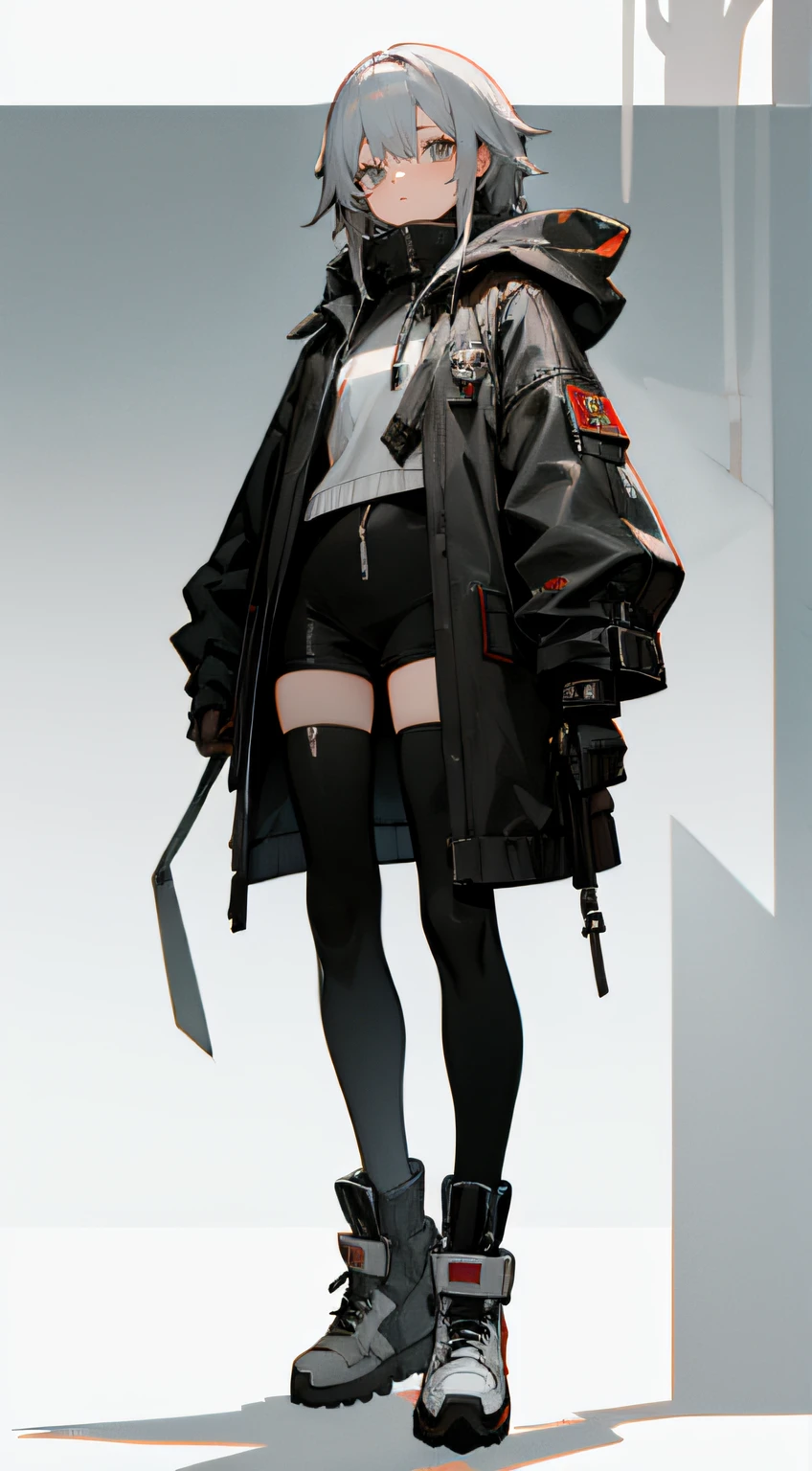 Gray hair，Royal sister，Cyberpunk style grey hooded coat，Leather boots，Long knife in hand，Bandage underwear，Chunky sneakers