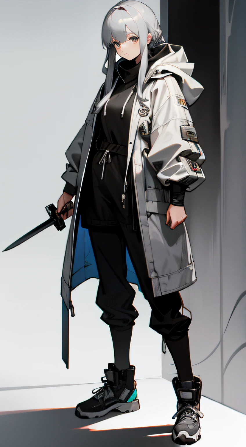 Gray hair,Royal sister,Cyberpunk style grey hooded coat,Leather boots,Long knife in hand,Bandage underwear,Chunky sneakers