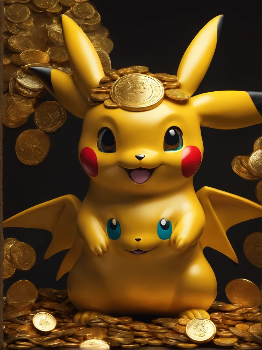 A Pokémon covered in a pile of gold coins, with the inscription "LOKI" on them (best quality, realistic, vivid colors), shining brightly under studio lighting. The Pokémon is beautifully detailed, with sparkling eyes and a mischievous smile. The gold coins reflect the light, creating a shimmering effect. The background is a dark and dramatic setting, enhancing the overall atmosphere. The color palette consists of rich golden tones and deep shadows, adding to the opulence of the scene. The lighting highlights the details and textures of both the Pokémon and the coins, creating a sense of depth and realism.