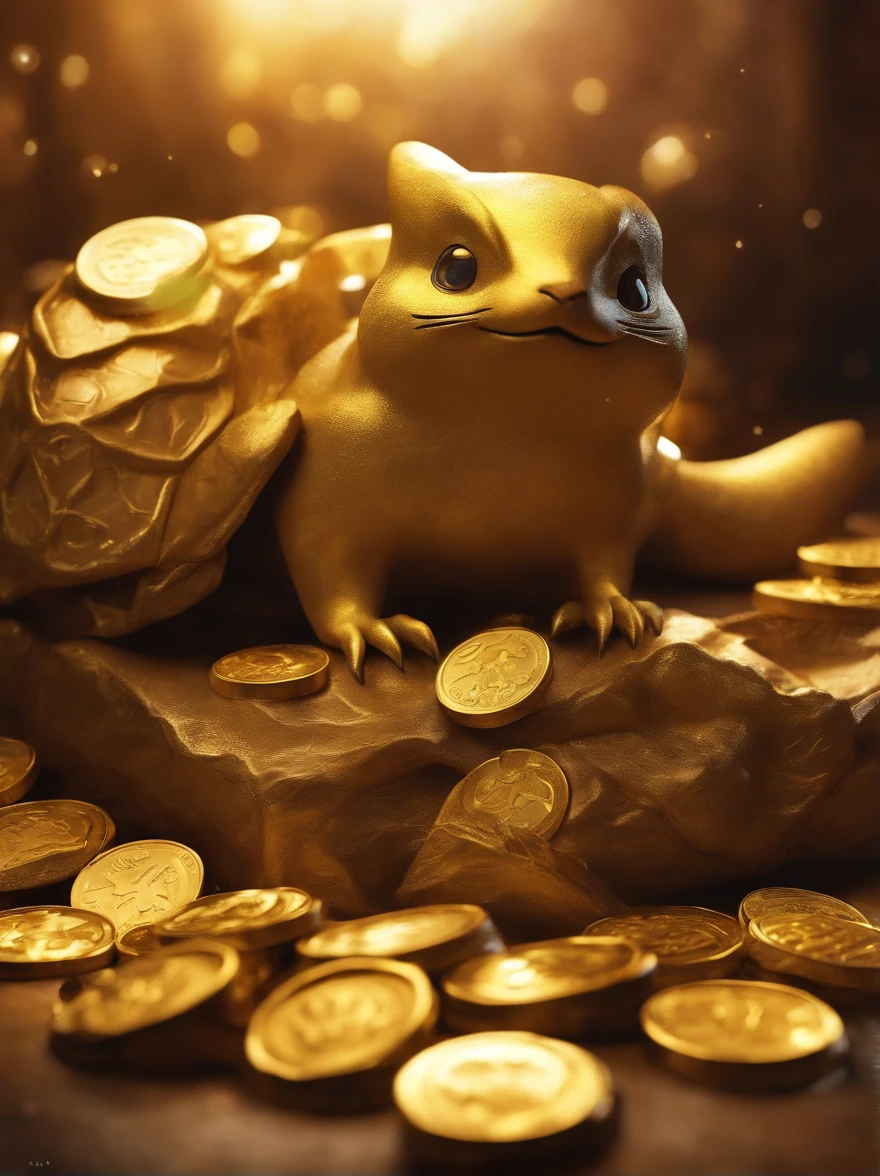 A Pokémon covered in a pile of gold coins, with the inscription "LOKI" on them (best quality, realistic, vivid colors), shining brightly under studio lighting. The Pokémon is beautifully detailed, with sparkling eyes and a mischievous smile. The gold coins reflect the light, creating a shimmering effect. The background is a dark and dramatic setting, enhancing the overall atmosphere. The color palette consists of rich golden tones and deep shadows, adding to the opulence of the scene. The lighting highlights the details and textures of both the Pokémon and the coins, creating a sense of depth and realism.