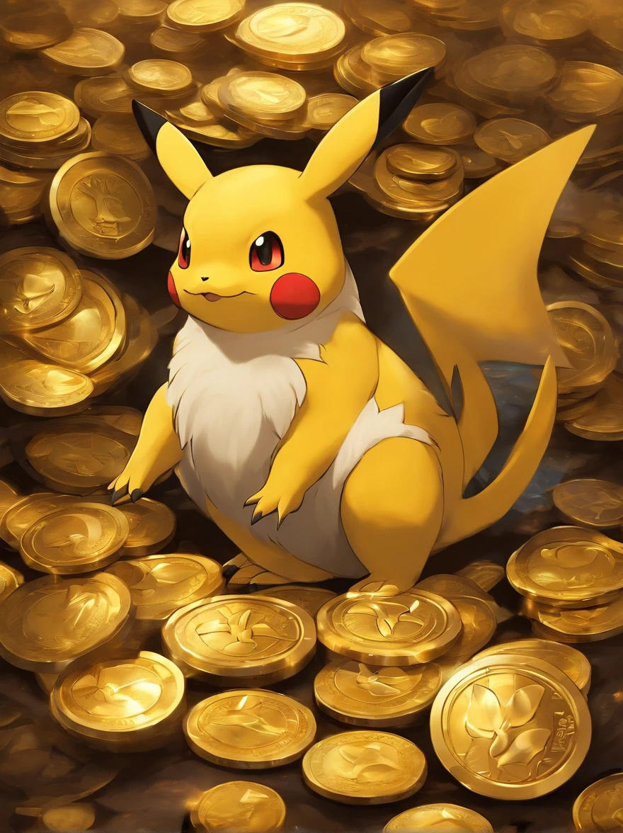 A Pokémon covered in a pile of gold coins, with the inscription "LOKI" on them (best quality, realistic, vivid colors), shining brightly under studio lighting. The Pokémon is beautifully detailed, with sparkling eyes and a mischievous smile. The gold coins reflect the light, creating a shimmering effect. The background is a dark and dramatic setting, enhancing the overall atmosphere. The color palette consists of rich golden tones and deep shadows, adding to the opulence of the scene. The lighting highlights the details and textures of both the Pokémon and the coins, creating a sense of depth and realism.